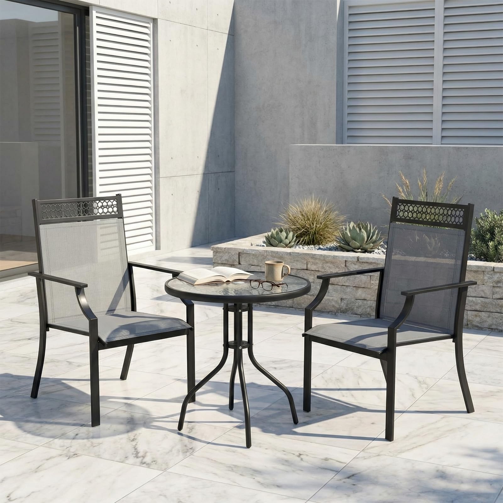 LIFERUN Juego de 4pcs sillas de jardín, Asiento Ancho con Tela Teslin, Transpirable, de Secado rápido, hasta 120 kg, para jardín, terraza, balcón, Zona de Piscina (Gris)