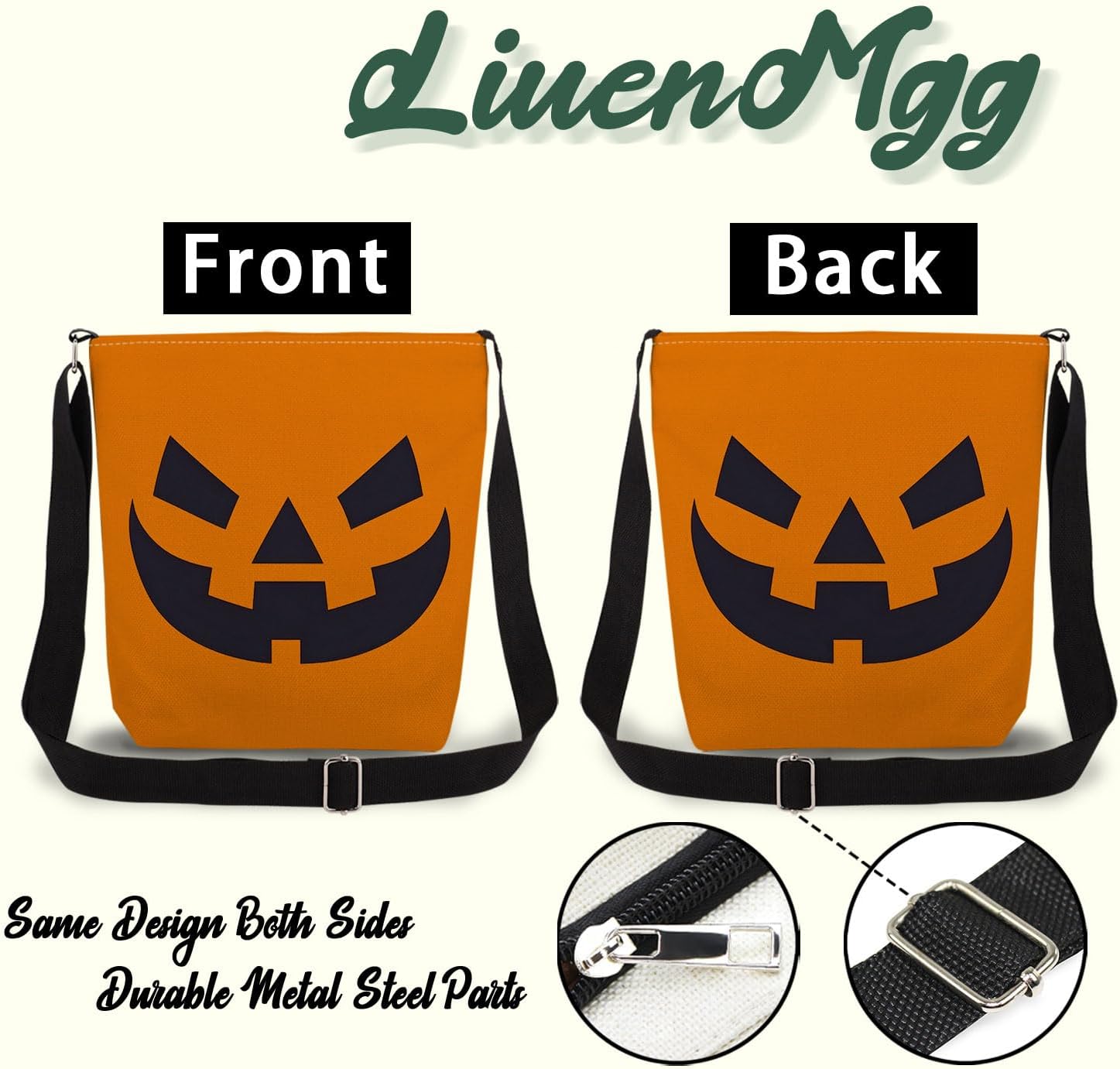 Pumpkin Face Print Canvas Crossbody Bag, Adjustable Strap Lightweight Purse with Top Zipper & Inner Pocket, Daily Shoulder Bag Halloween Present for Women - Image 3