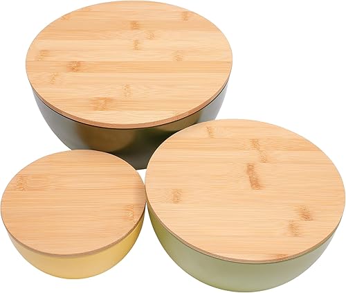 Miniatura 7 de Juego de 3 cuencos de ensalada con tapa y utensilios de servir, cuencos coloridos para servir, cuencos de fibra de bambú con tapa de bambú, cuencos