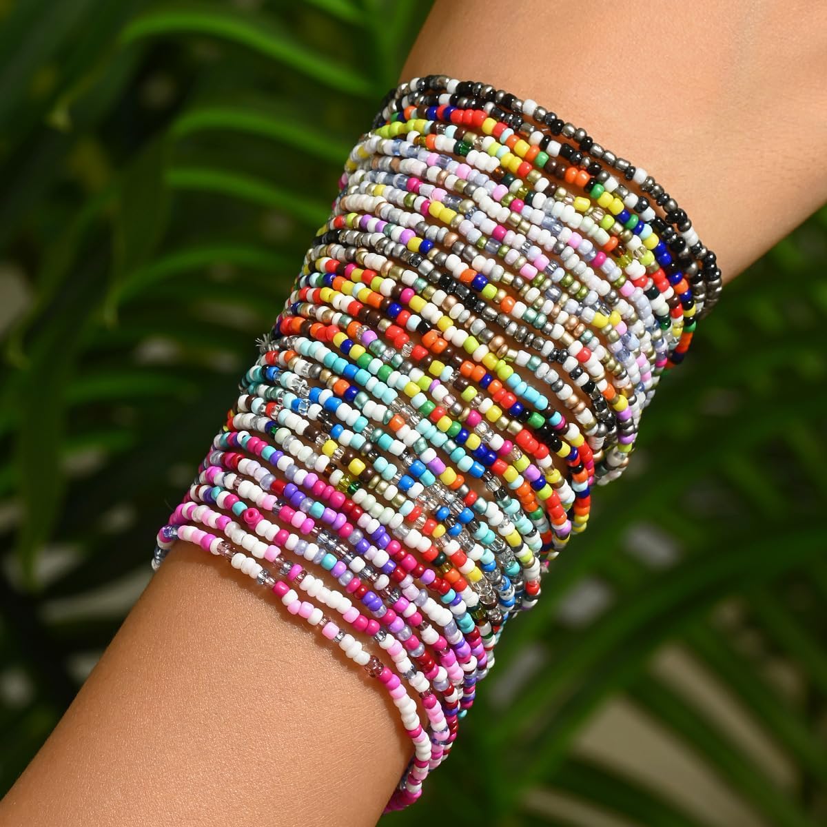 Bohemian Colorful Seed Beaded Stackable Bracelets Set Cute Handmade Crystal Glass Beads Elastic Multilayer Wristbands Bracelet for Women Summer Beach Hawaiian Jewelry