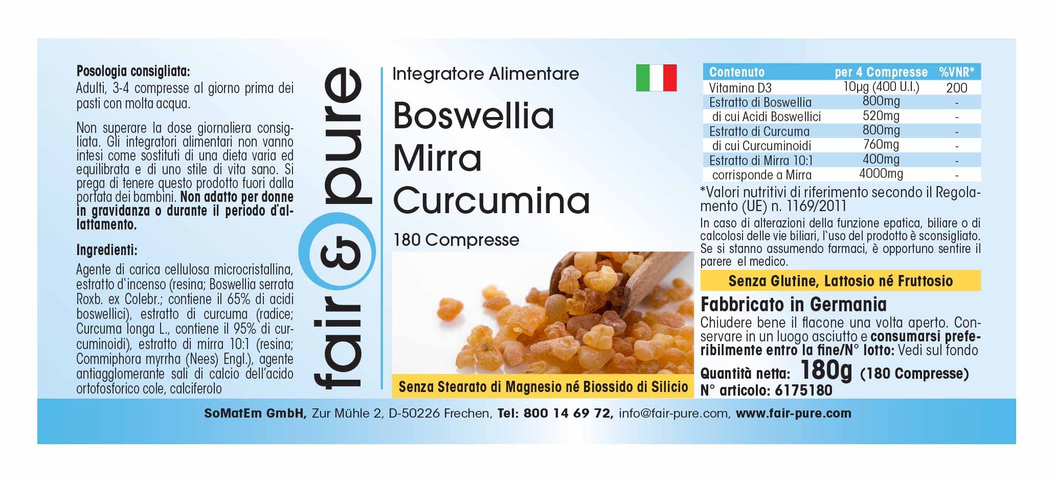 Fair & Pure Boswellia Myrrhe Curcumin mit Vitamin D3, 180 Tabletten, Weihrauch Extrakt, Nahrungsergänzungsmittel ohne Magnesiumstearat, in Deutschland hergestellt
