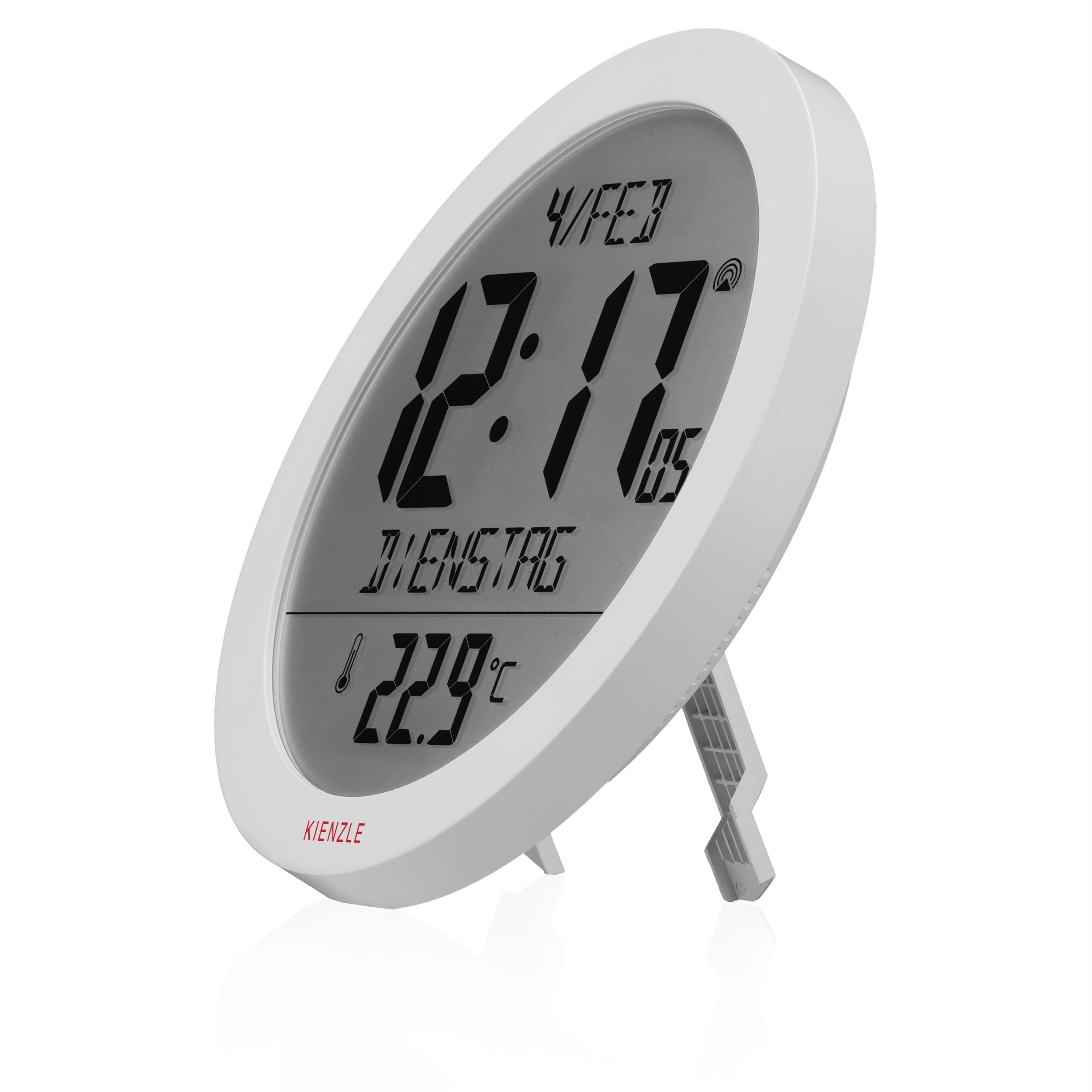 Kienzle Funkwanduhr Tischuhr mit Temperaturanzeige 18,7 cm Display DCF-Zeit Datum 2 Weckzeiten Schlummer weiß