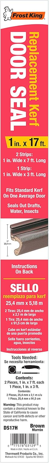 Frost King Replacement Door Seal for Kerfed Millwork Doors, 1 " x 7 Feet x 2 pieces , Brown