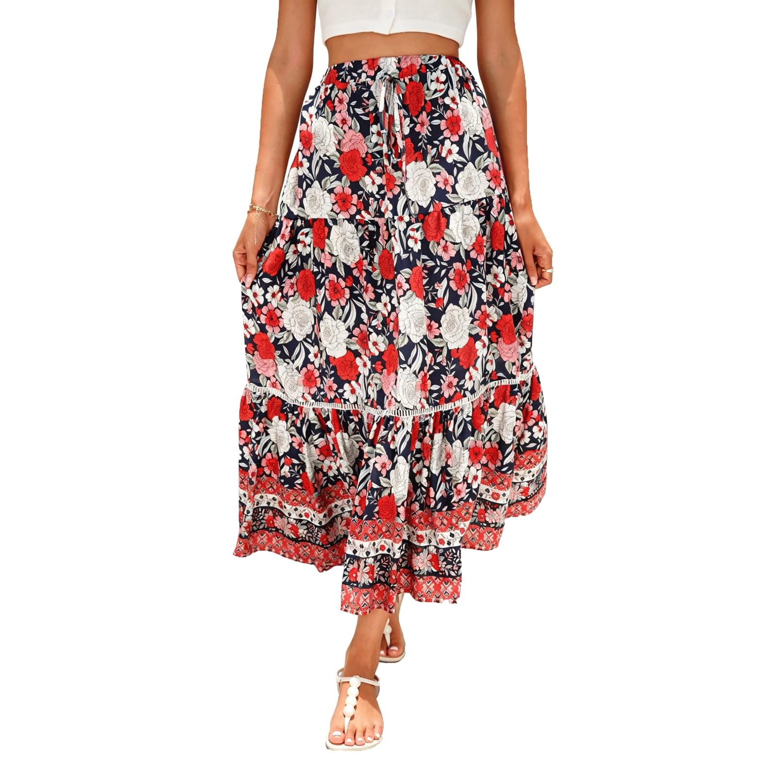 DUddTTW Patchwork Women's Maxi Skirts High Tie Waisted Ankle Length Skirt Print(Rot,Lagre)