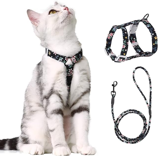 PETTOM Cat Harness with Lead, Adjustable Harness Lead Set for Cat Kitten Small Pet Outdoor Walking with Quick Buckle, Floral Design