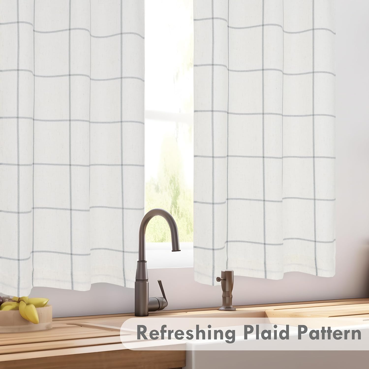 DriftAway Kitchen Curtains Striped Tier Linen Short Curtains Windowpane Plaid Cafe 45 Inch Length for Living Room Bathroom Chris Farmhouse Rustic Rod Pocket 2 Panels Gray