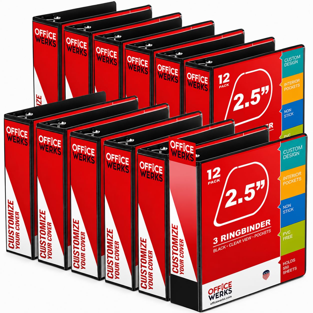 Raccoglitore a 3 anelli, professionale a D, 2,5 pollici, 12 cartelline per pagine standard 8,5 x 11 con tasche, trasparente Visualizza raccoglitore nero (confezione da 12)