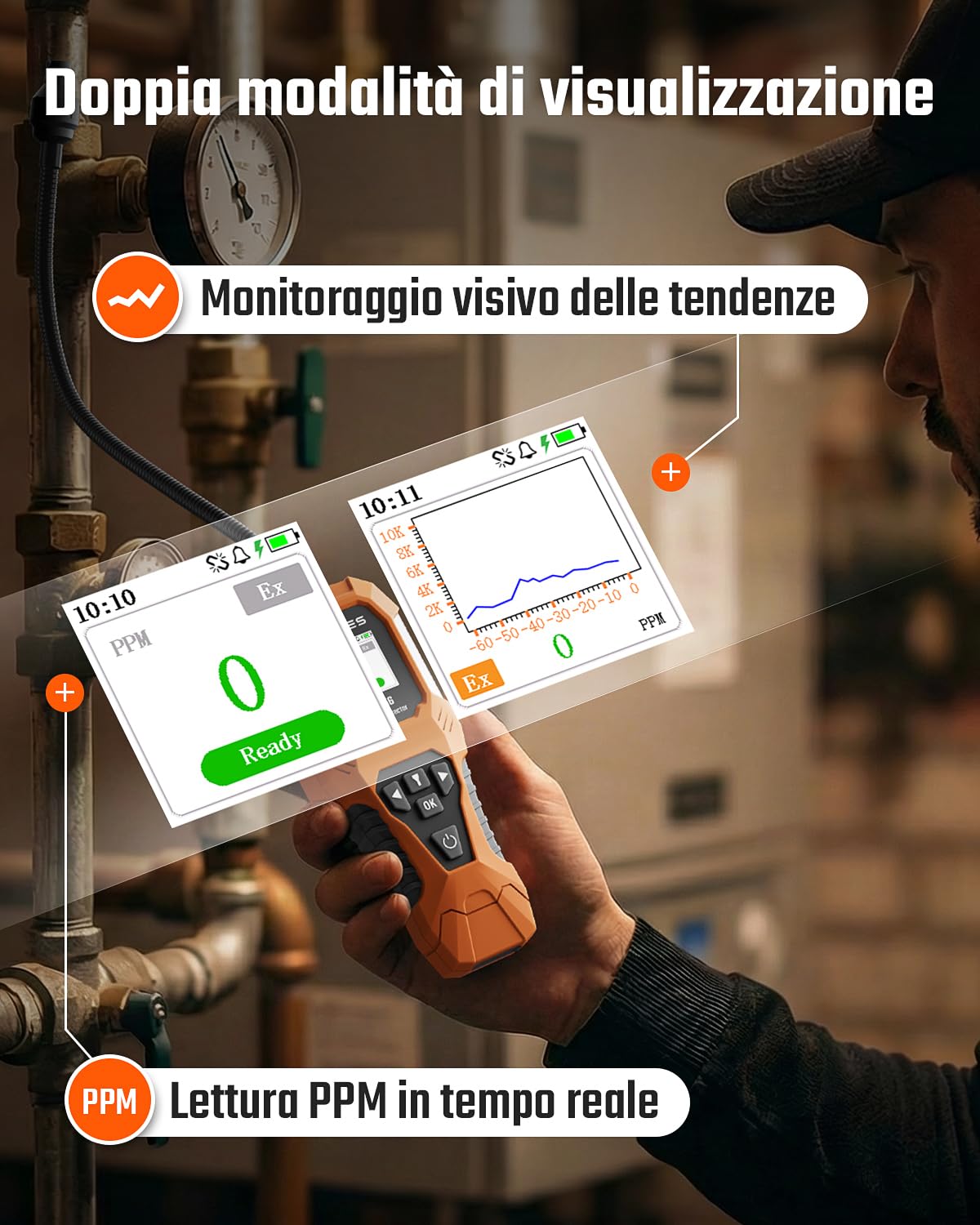 TopTes PT-356 Rilevatore di gas ricaricabile con sonda da 25 cm, campo 0-20% LEL, triplo sistema di allarme, Rilevatore Perdite di Gas con doppia modalità di visualizzazione per metano e butano