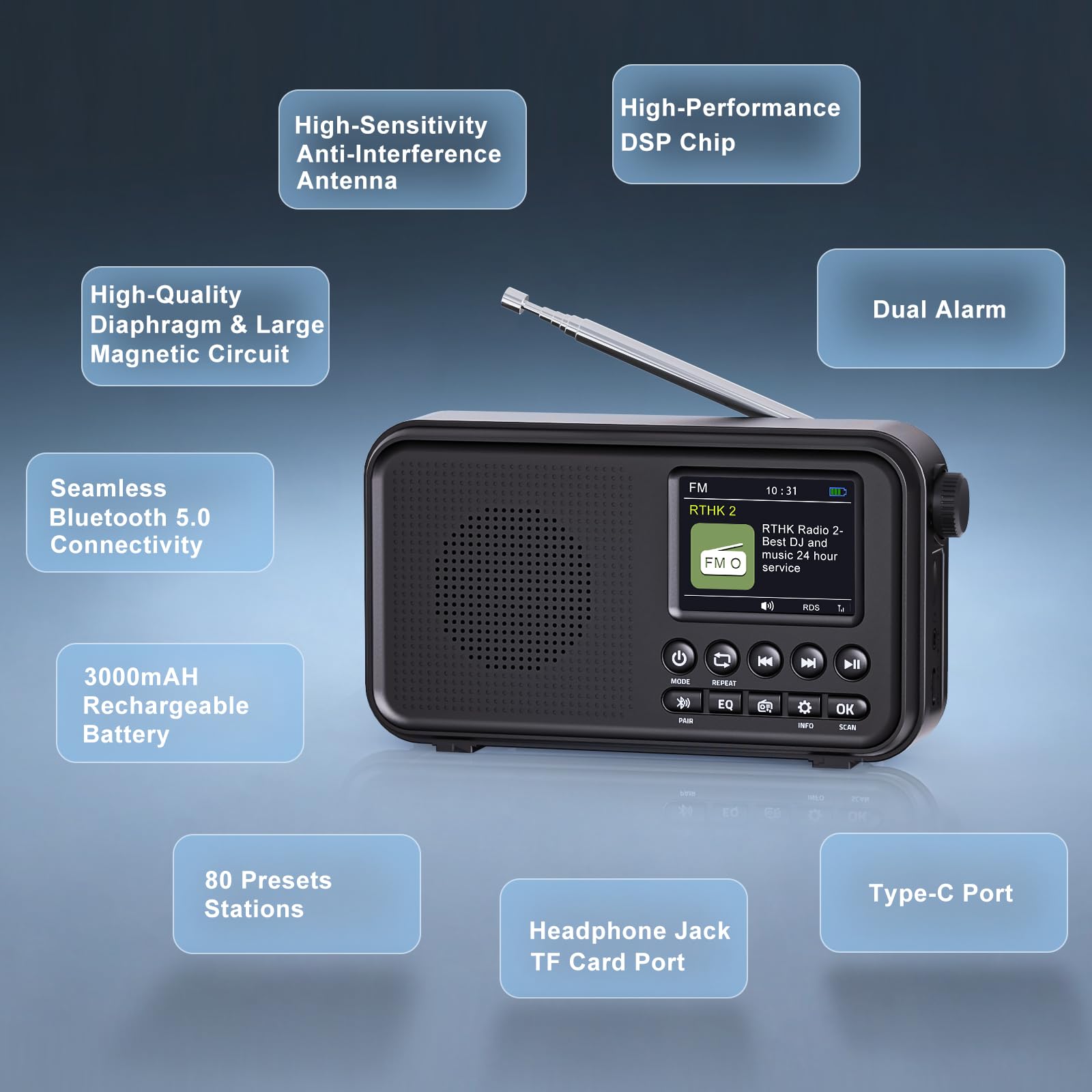 ROCAM DAB Radio Portable with Bluetooth 5.0 & Hi-Fi Speaker, 3000mAH Rechargeable Battery Radio, Mains Powered Digital Radio, 2.4" Display, 40 Presets Stations, Dual Alarms, TF Card Support, EQ Modes — view 9