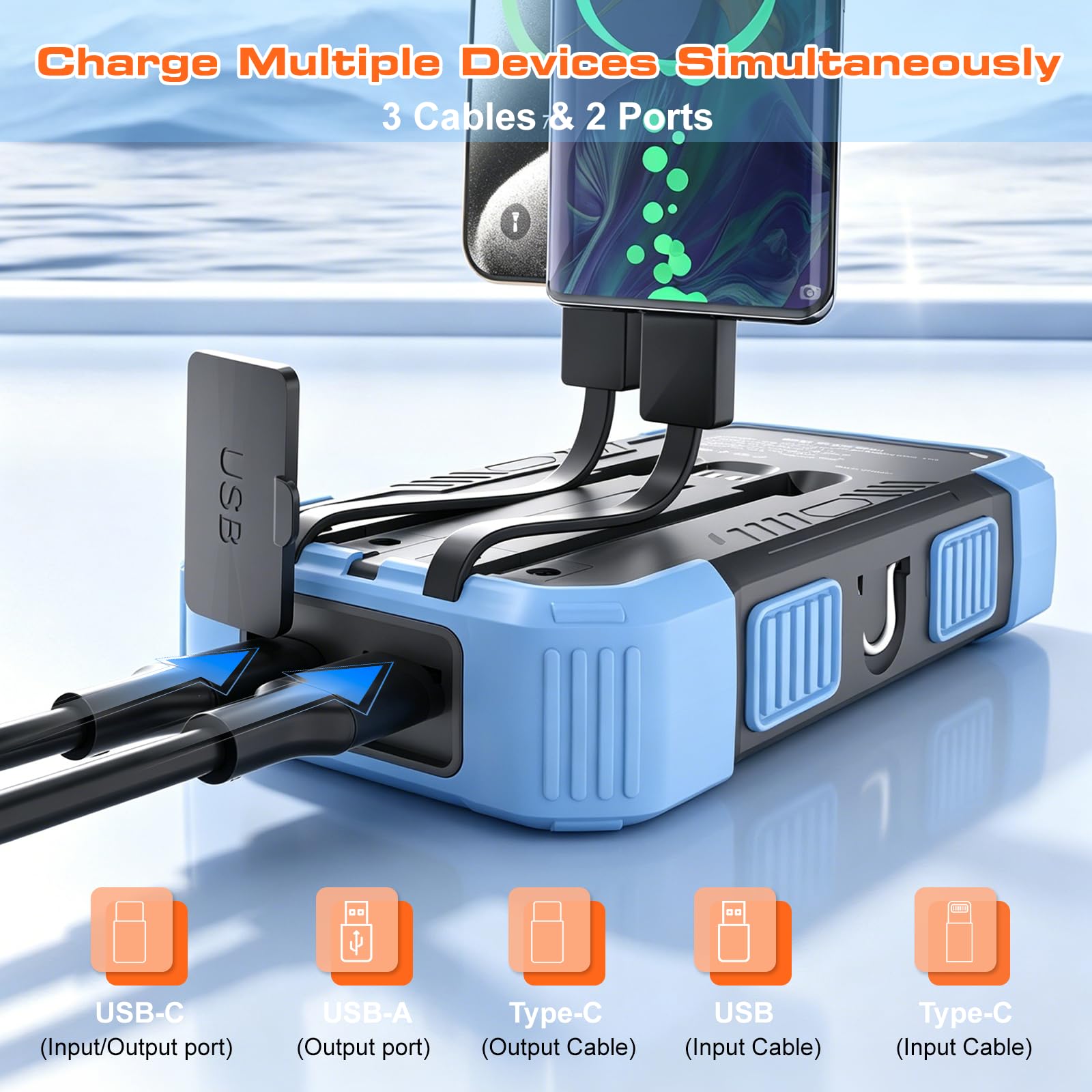 Caricatore solare Power Bank 20000 mAh, 22,5 W PD caricabatterie portatile a ricarica rapida con cavi integrati batteria USB-C, doppia torcia a LED, compatibile con iPhone e Android per campeggio