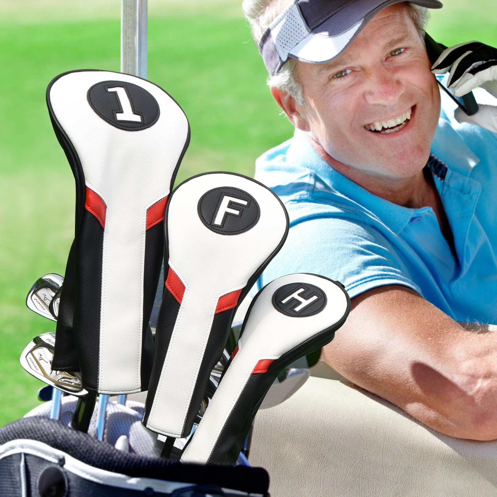 Copritesta in legno per mazze da golf, per driver/fairway/ibrido/1FH/Ferri in pelle PU bianca e nera e rossa