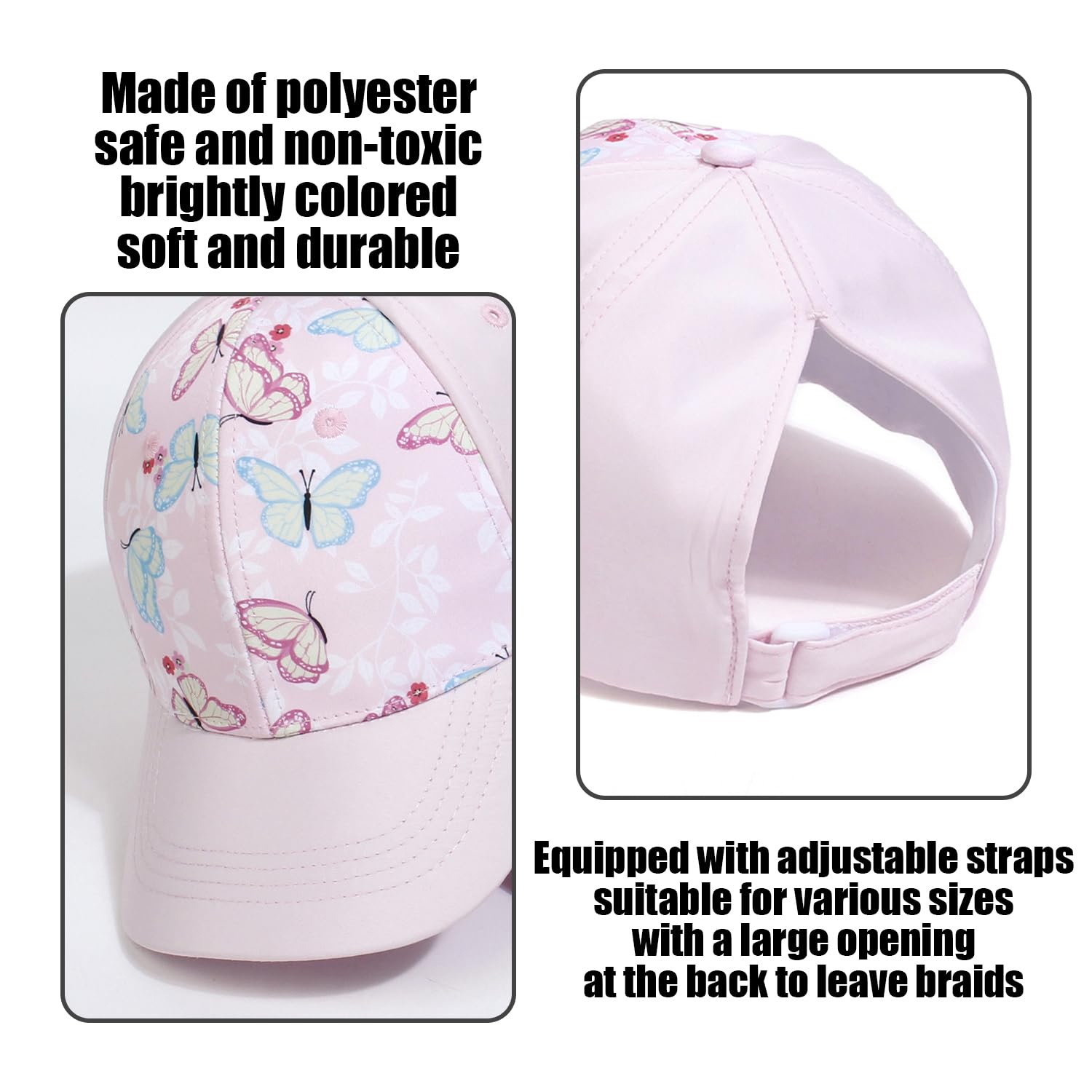 1 Gorra De Béisbol para Niños, 1 Clip para Sombrero, Sombrero De Cola De Caballo para Niñas, Sombrero para El Sol De ala Ancha, Sombrero con Visera con Estampado De Mariposas