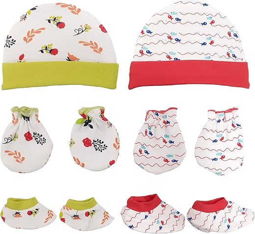LuvLap 100% Cotton Baby Caps, Mittens and Booties Combo Set for 0-6 Months – Pack of 2 (Assorted)