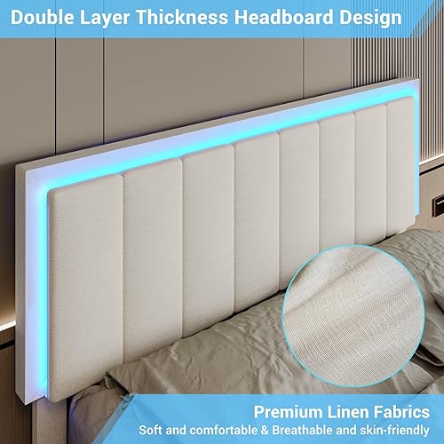 Miniatura 5 de DICTAC Base de cama LED Queen con 4 cajones de almacenamiento y cabecera LED con 3 tiras de luz lateral marco de cama tapizado moderno con