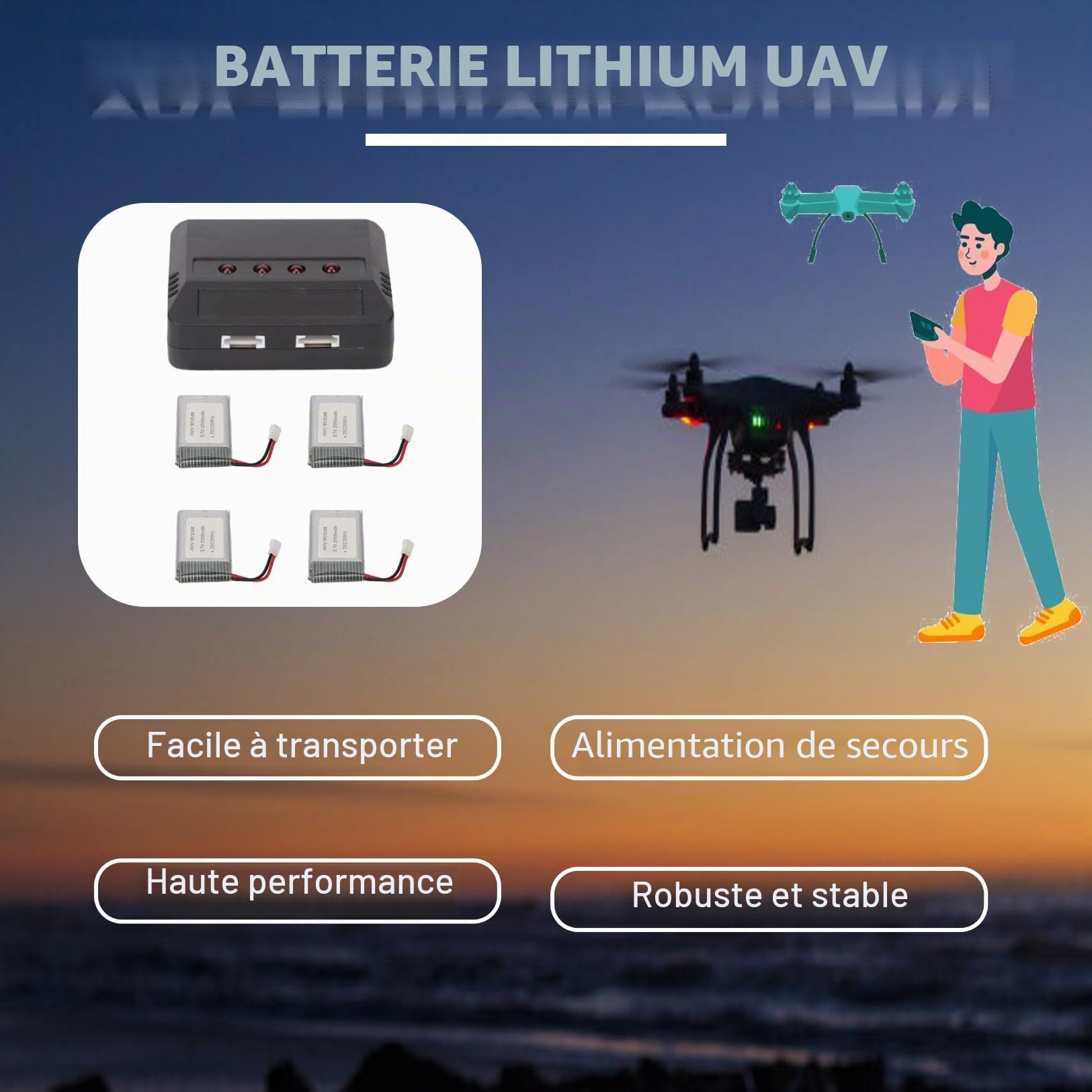 Lot de 4 Batteries de Drone 903048 3.7V 2000mAh Rechargeables Batterie Drone 3.7v 2000mah Batterie Lipo pour RC UAV, avec Chargeur Portable Batteries