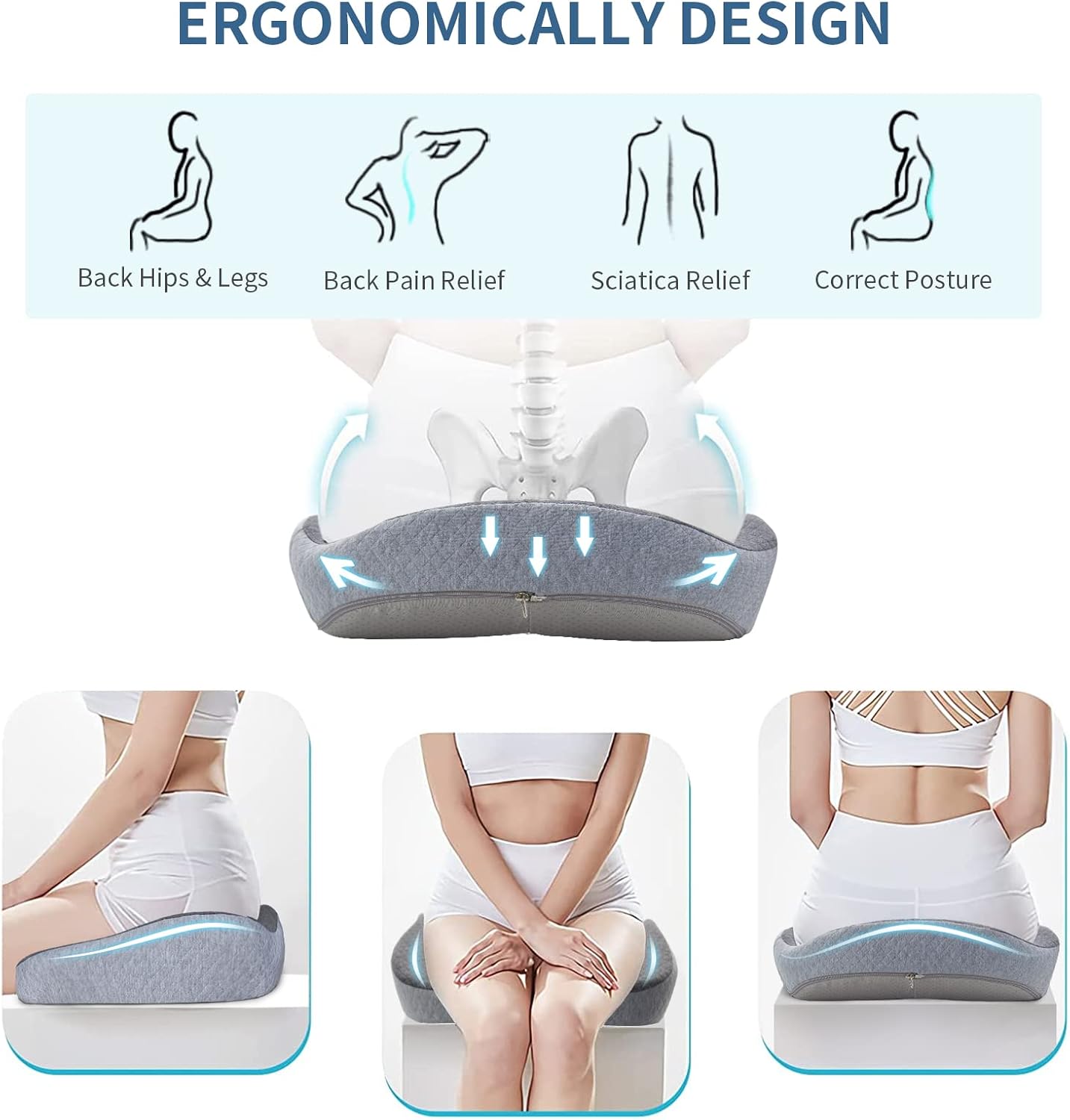 Large Seat Cushion 3D Full Wrap Office Chairs Cushions - Supportive Memory Foam Butt Pillow for Sciatica Pain Relief, Coccyx Seat Cushion for Tailbone Lower Back Pain for Home, Office and Car (Gray)