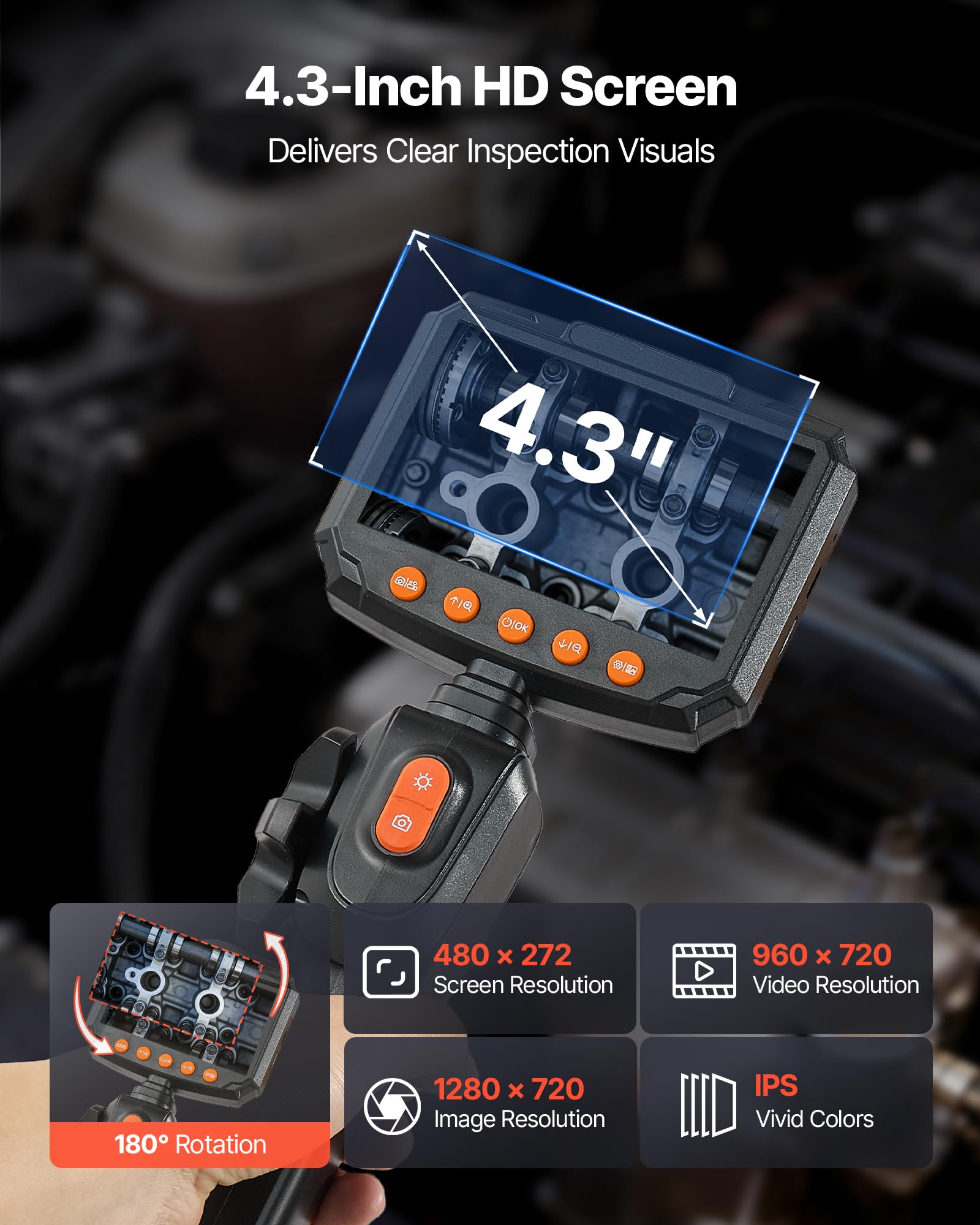 VEVOR Endoscopio Cámara de Inspección Articulado 180°, Cámara Inspección de Tuberías con Pantalla IPS, Sonda de 6,2 mm, Cable de 1,5 m, 8 Luces LED, 32 GB, Zoom 8X para Motores HVAC Espacios Reducidos