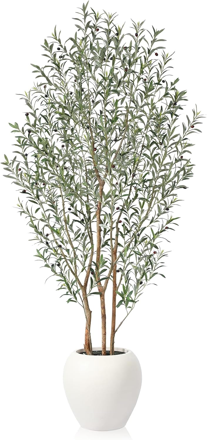 Artificial Olive Tree, 8FT Tall, Faux Olive Trees with Natural Wood Trunk & Lifelike Fruits, Indoor, White Tall Planter, Home Balcony Office Living Room Decor