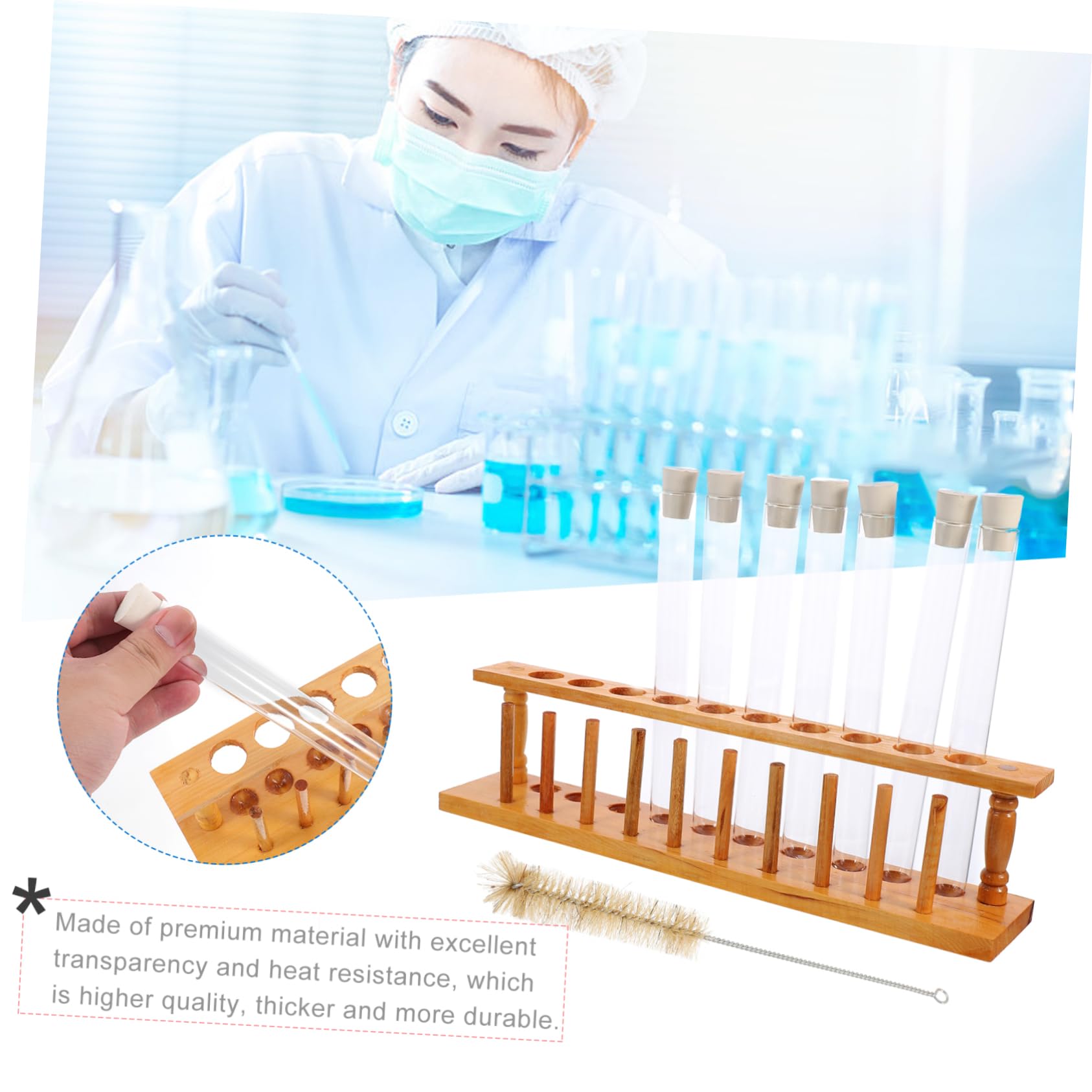 1 Juego tubo de ensayo moderno rejilla para tubos laboratorio transparente equipo de experimento de química kit experimentos tripe tubos de ensayo con tapa tubos con tapa de madera