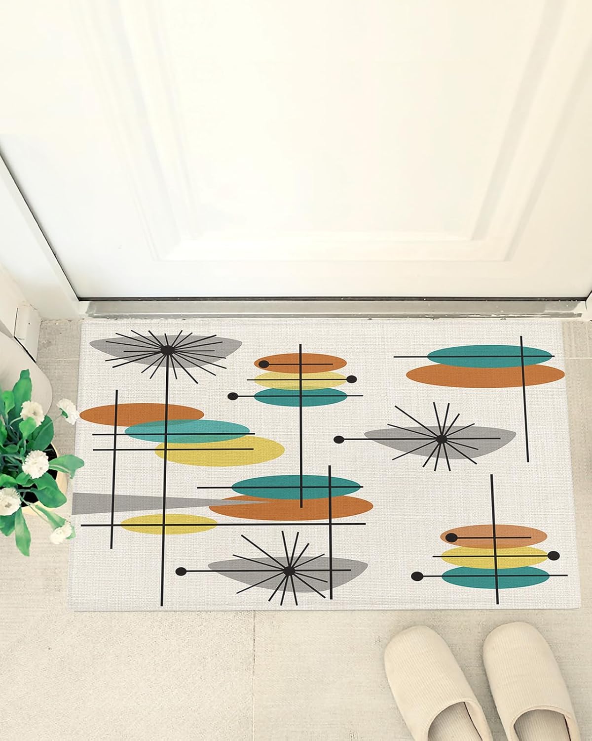 Shag Door Mats Bath Rugs Yellow Teal Grey Abstract Lotus,Soft Fluffy Doormats Non Slip Carpet Mid Century Geometry Art Retro Linen,Shaggy Fuzzy Area Throw Rug for Kitchen/Bathroom/Bedroom 16x24In