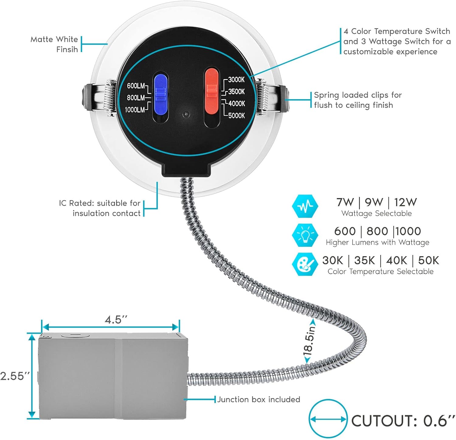 LUXRITE Commercial 4 Inch LED Recessed Lights, 7/9/12W Selectable, 4 CCT Tunable 3000K-5000K, CRI 90, Dimmable Canless LED Downlight, 600/800/1000 Lumens, 120-277V, Wet Rated, Energy Star, ETL 4-Pack