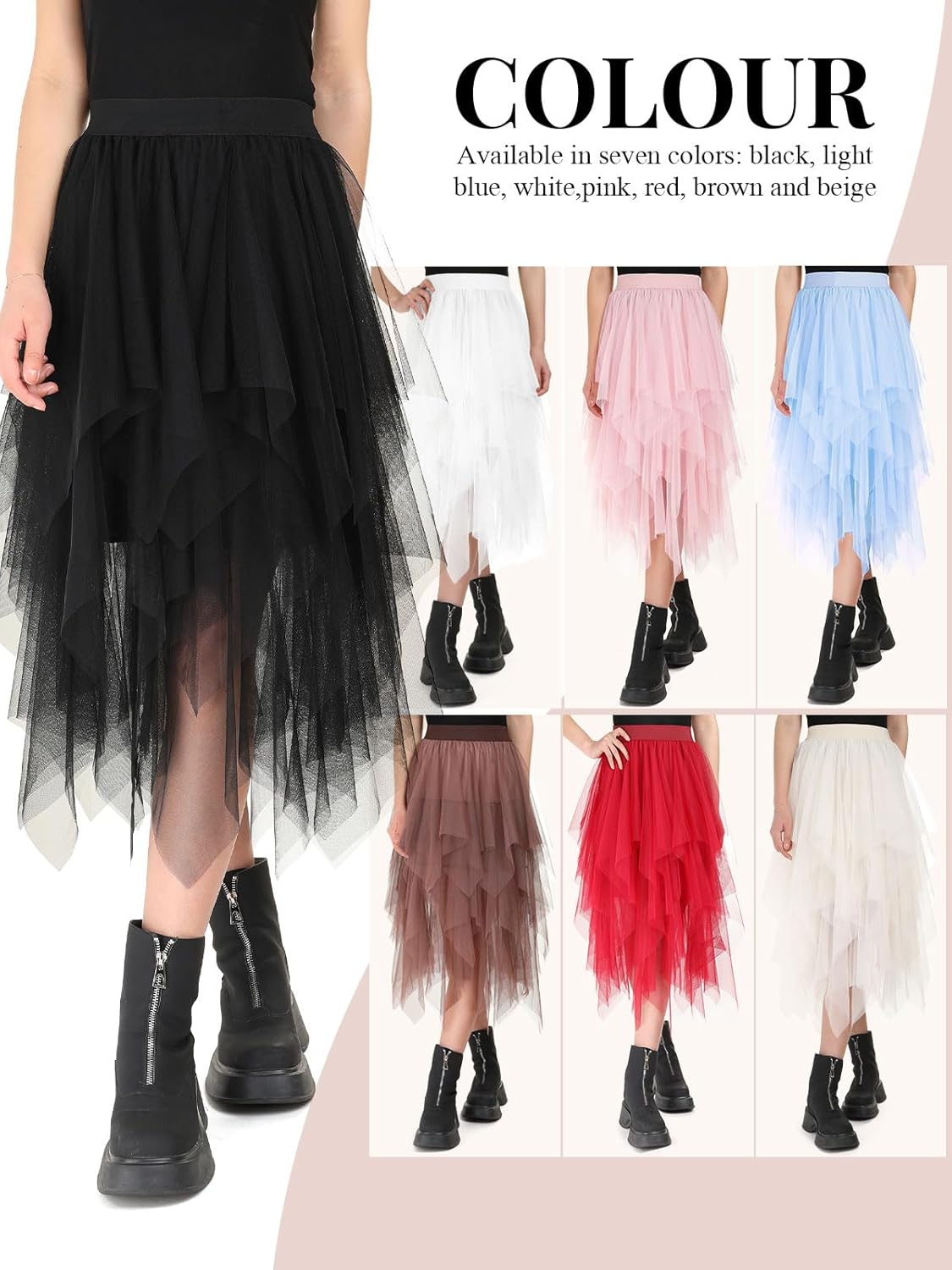 Monbessi Tulle Skirts for Women Ladies Mesh Skirts Elasticated Waist Midi Skirt Irregular Net Mesh Skirt Daily, Prom, Party - Image 6