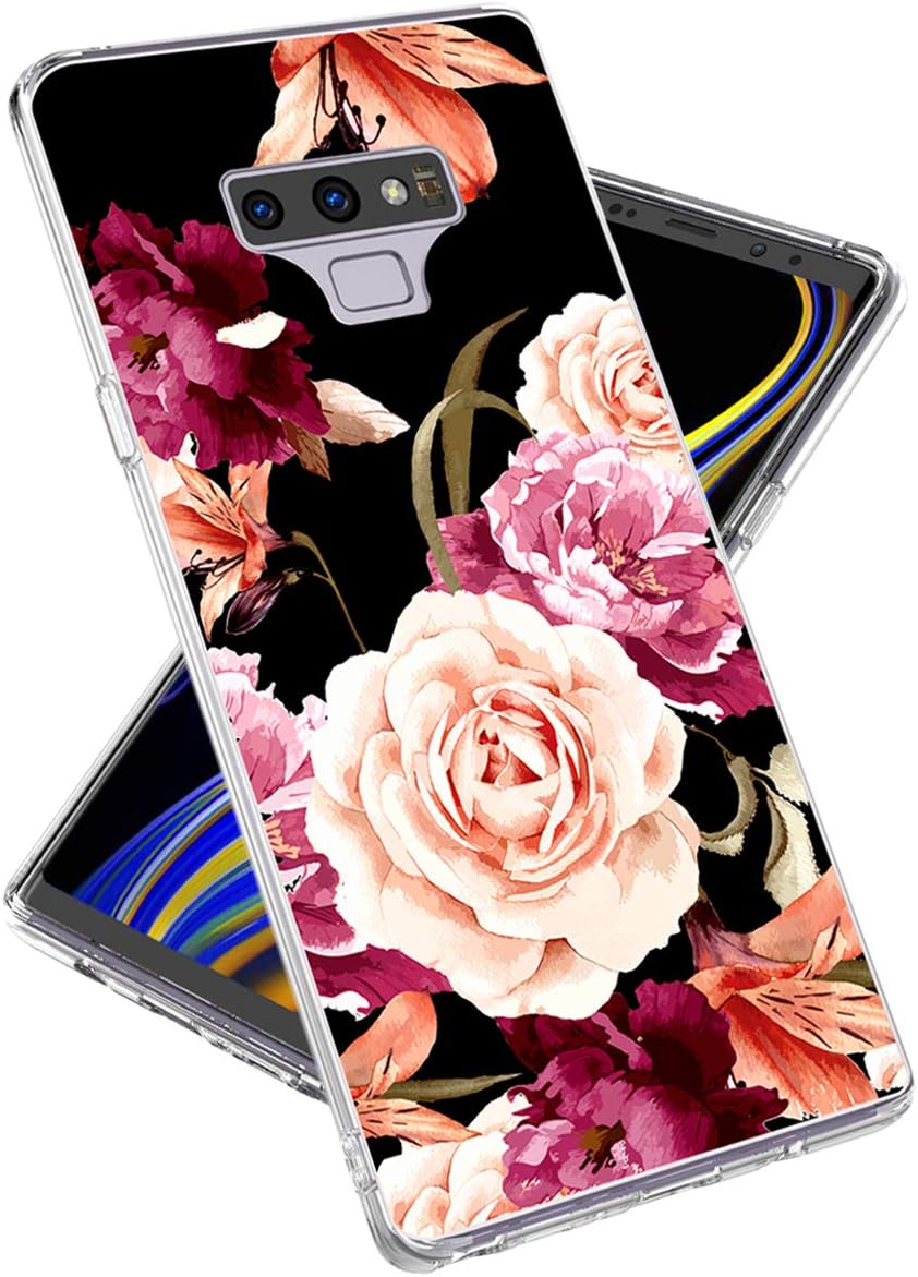 Galaxy Note 9 Case for Girls Women,lovemecase Marble Design Clear Bumper TPU Soft Case Rubber Silicone Skin Cover for Galaxy Note 9 (Black Flowers)