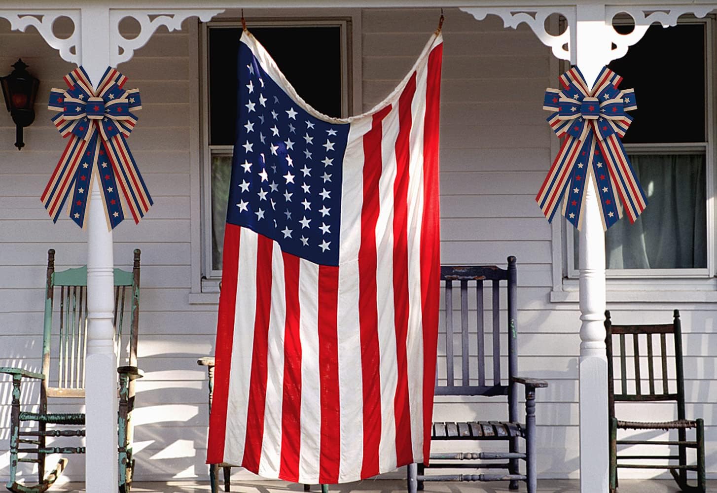 ALIBBON Large Patriotic Bows for Wreath, 4th of July Wreath Bows, Flaxen Stars and Stripes Wreath Bows for Front Door, 4th of July Decor, Independence Day Burlap Bows for Wreath Indoor Outdoor Decor