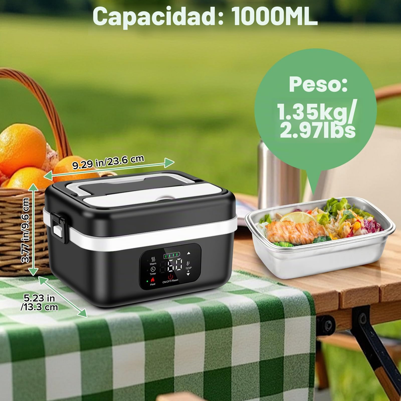 Caja de almuerzo eléctrica inalámbrica, 1 l, caja de almuerzo calentada a batería para adultos, portátil, de acero inoxidable, calentador de alimentos con vajilla y bolsa aislada