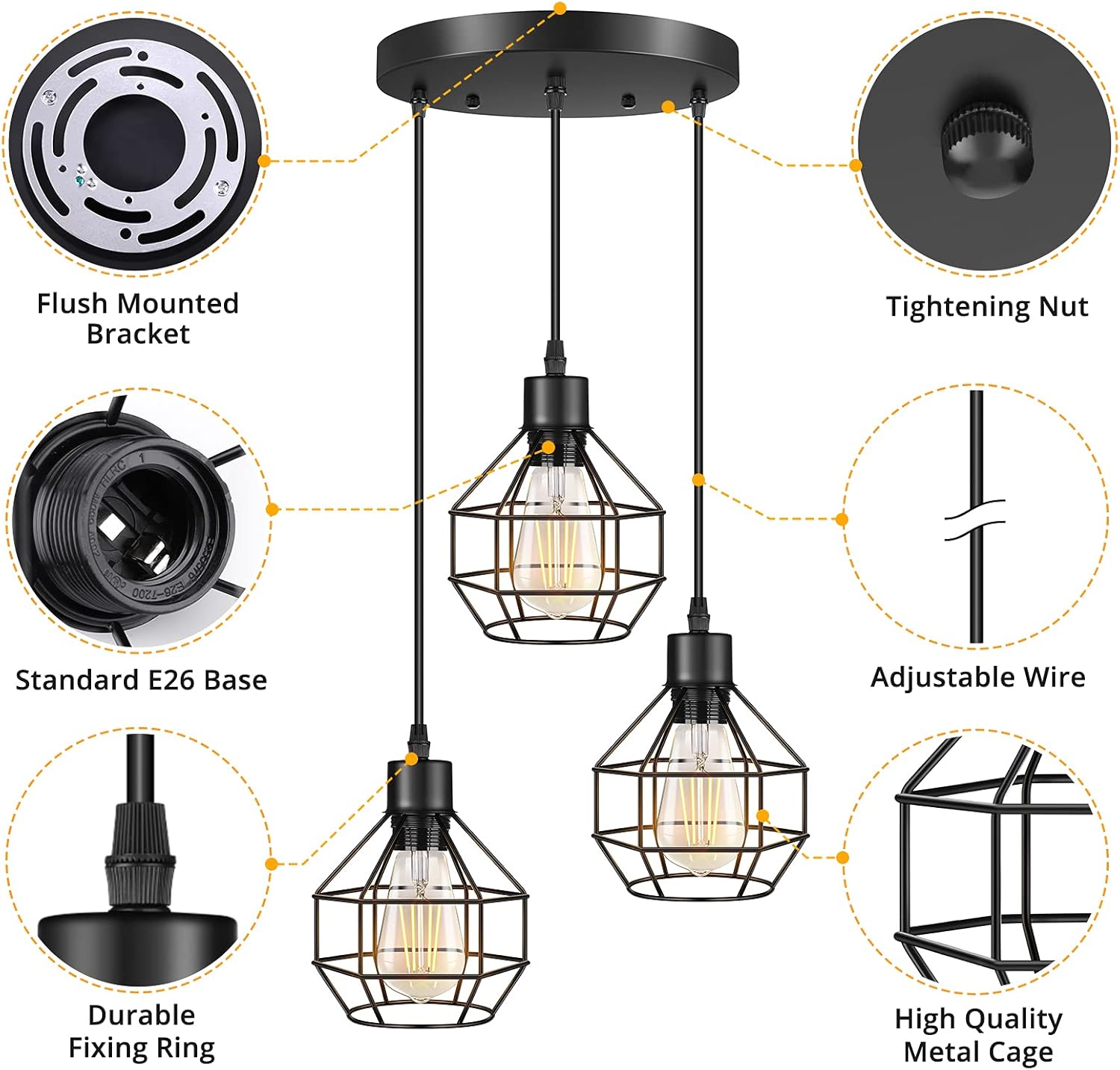 3-Light Industrial Pendant Lighting, Adjustable Hanging Pendant Light Fixtures, Vintage Black Metal Caged Pendant Light, Farmhouse Hanging Ceiling Light for Kitchen Island Dining Room Bedroom Hallway - - 