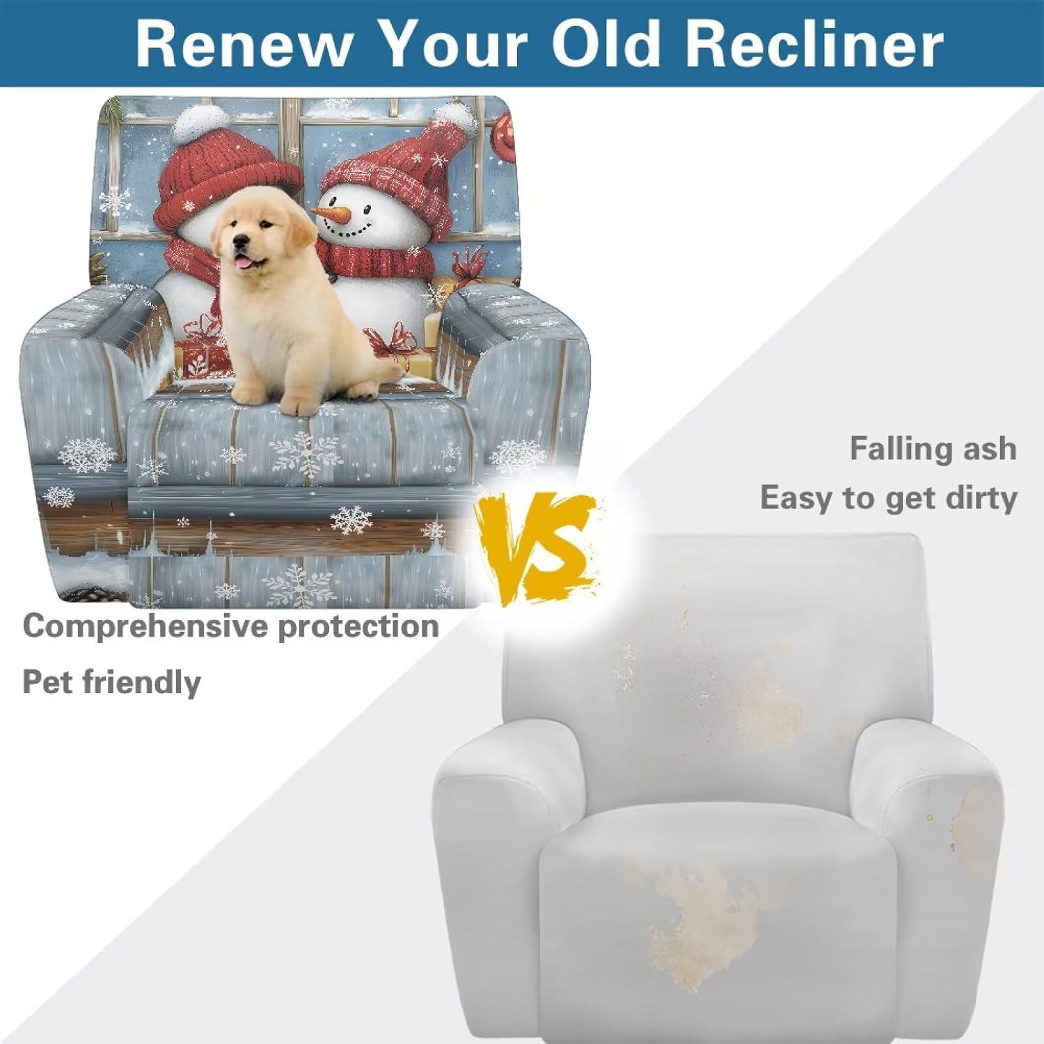 Doojoayie Winter Snowman Recliner Cover Blue Christmas Chair Covers for Living Room Decor Xmas Recliner Slipcover Sofa Adjustable Anti-Dust Couch Protector