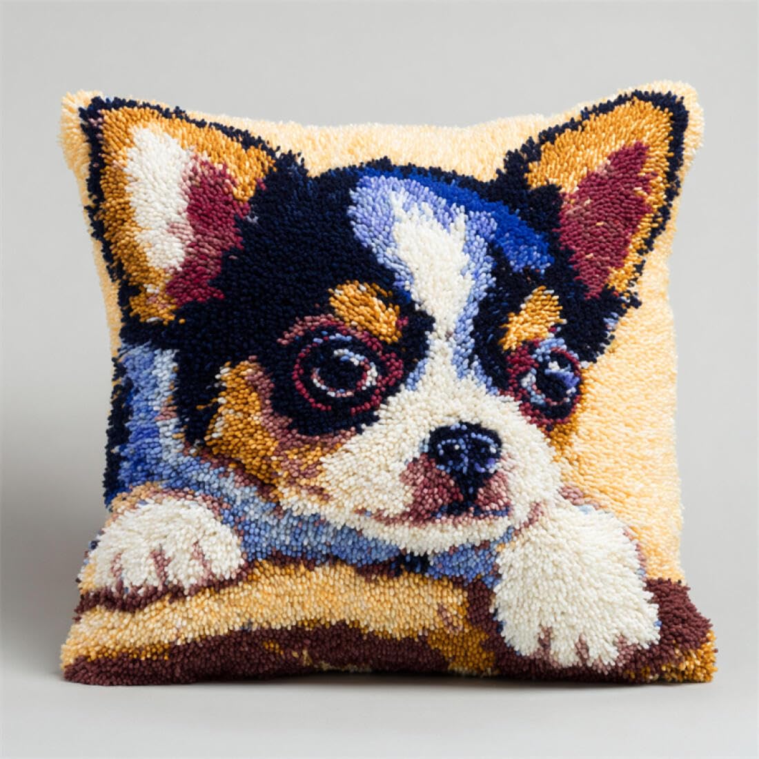 Kitquiver Animal Latch Hook Pillow Kit Cartoon Chihuahua Cushion Pillow Front Chunky Cross Stitch Kits DIY Embroidery Needlepoint Kit for Home Décor 17x17In