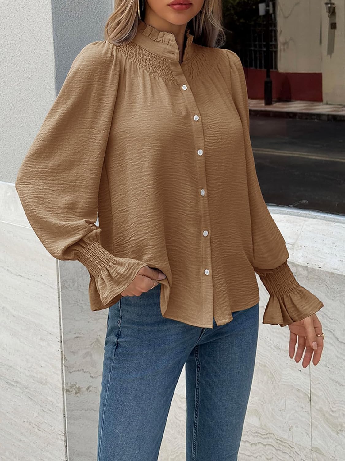 Tankaneo Womens Puff Long Sleeve Button Down Shirts Ruffle Mock Neck Blouses Dressy Casual Loose Fit Tops - Image 3