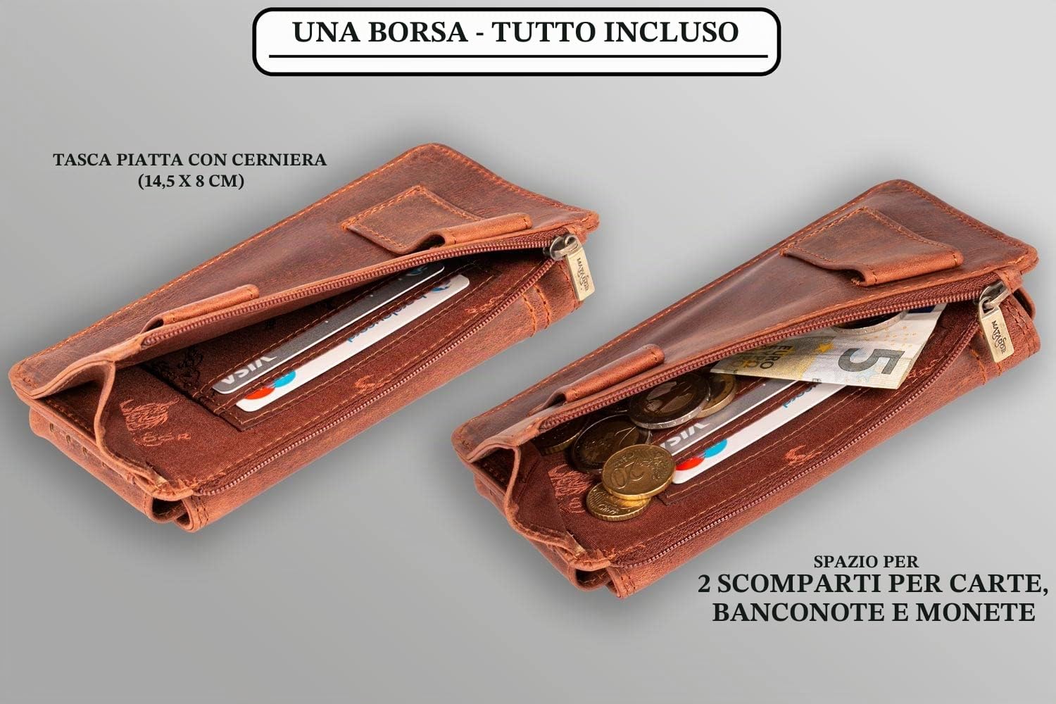 Matador Marsupio in Vera Pelle con Scomparto Separato con Cerniera per Carte e Monete per dispositivi Fino a 6,1 Pollici
