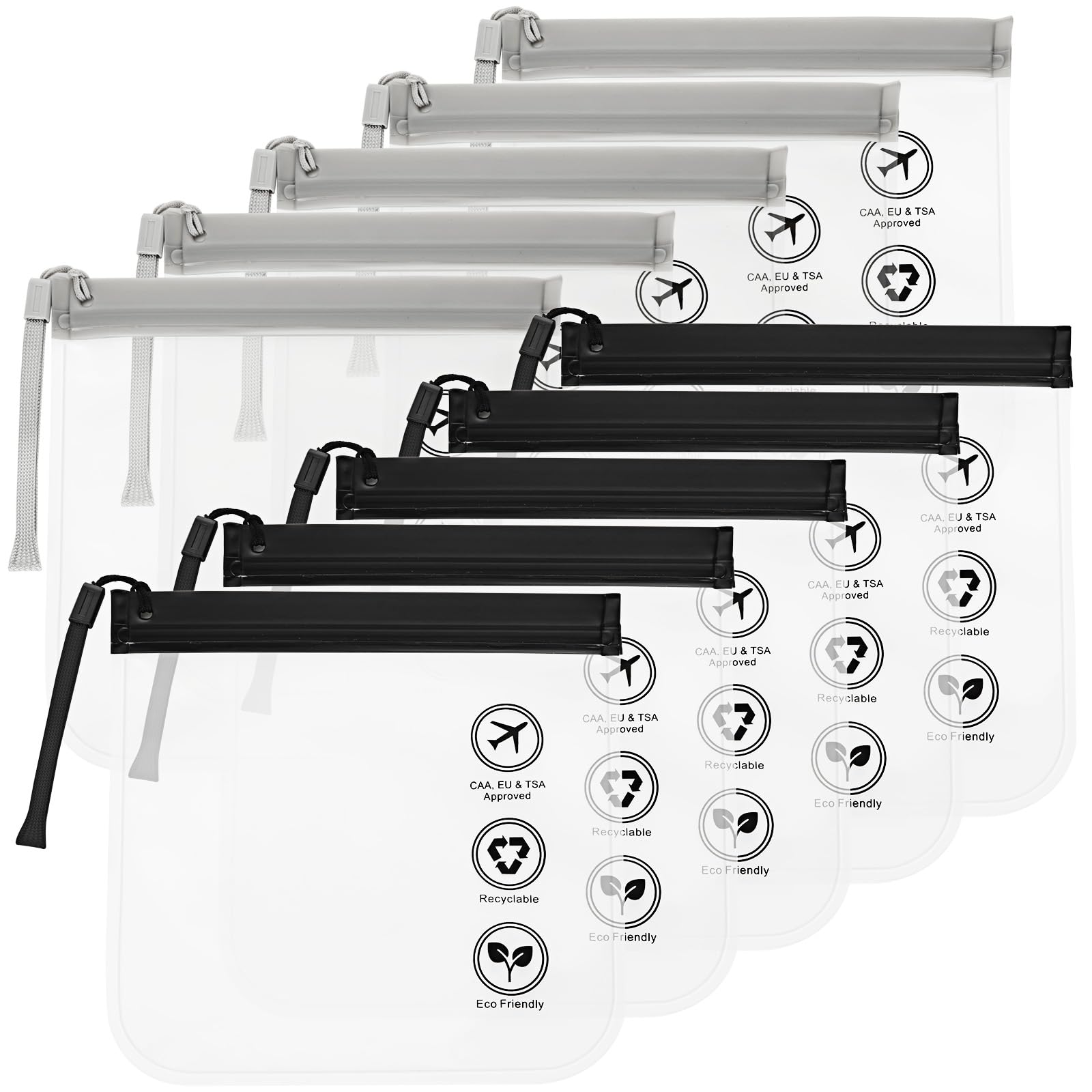 APACALI 10 PCS Airport Security Liquids Bags, 20 x 20cm Airport Liquid Bag, Clear Travel Toiletries Bag, Travel Accessories Makeup Bags for Women, Men (Black, Gray), Black, Gray, Unisex