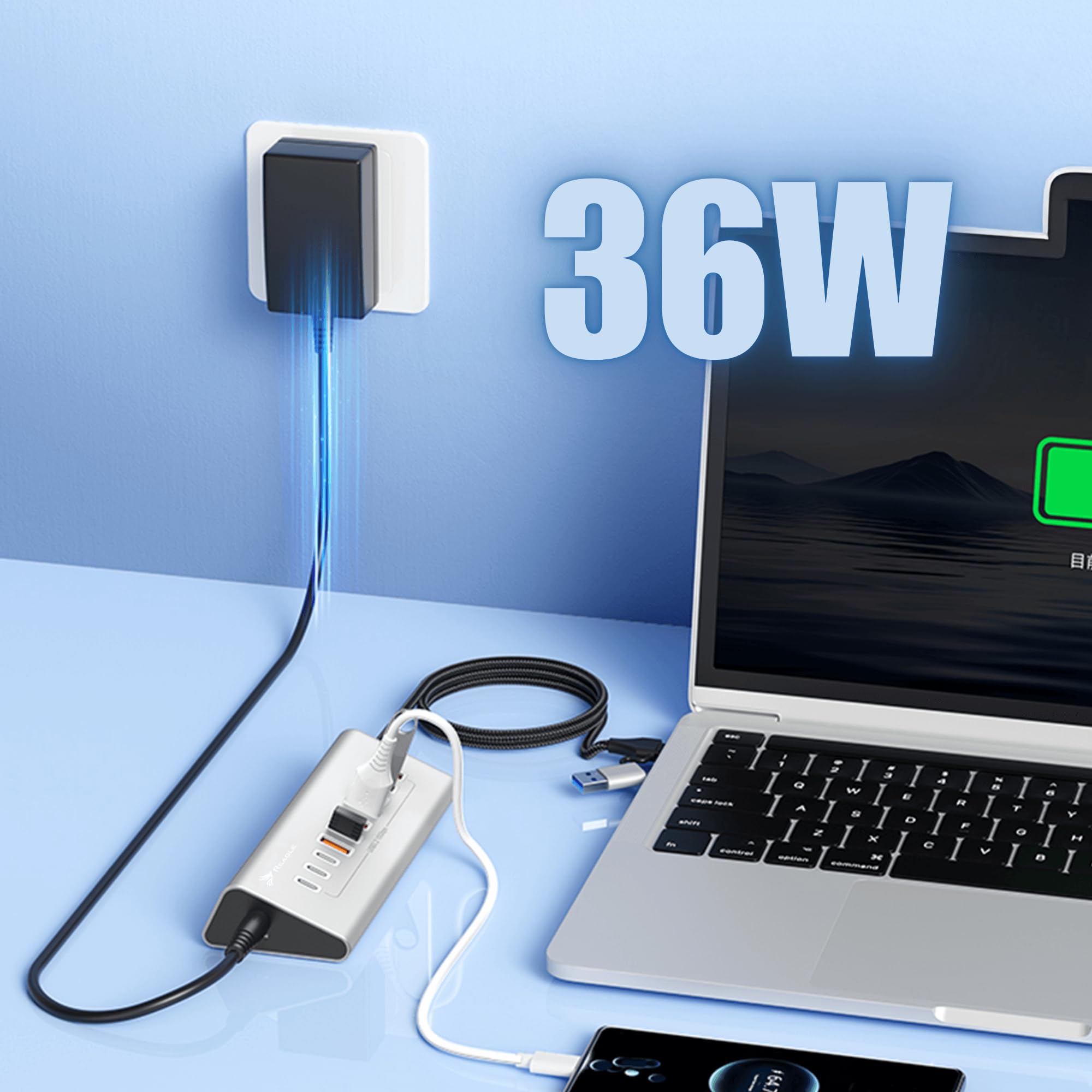 REAGLE 10-portowy koncentrator USB 3.2 z kablem 100 cm do komputera stacjonarnego, 10 w 1, 7 portów USB-A i 3 x USB-C, 36 W, Plug and Play, aluminiowy dystrybutor USB 10 Gb/s, do komputera, laptopa