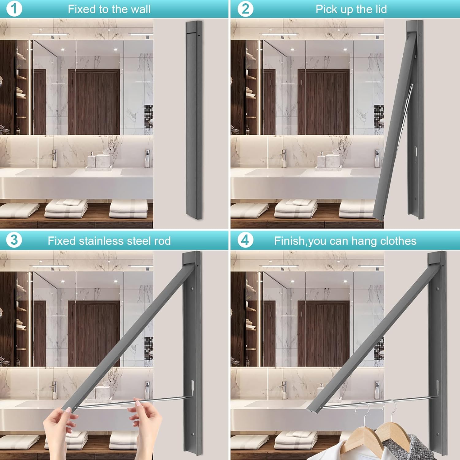 Wall Mounted Drying Rack - Foldable Aluminum Clothes Hanger, Retractable Space Saving Laundry Organizer, 65 lbs Capacity (Gray)