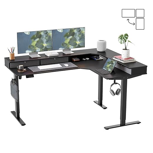 FEZIBO Height Adjustable Electric Standing Desk with Double Drawer, 55 x 24 Inch Stand Up Table with Storage Shelf, Sit Stand Desk with Splice Board, Black Frame/Rustic Brown Top
