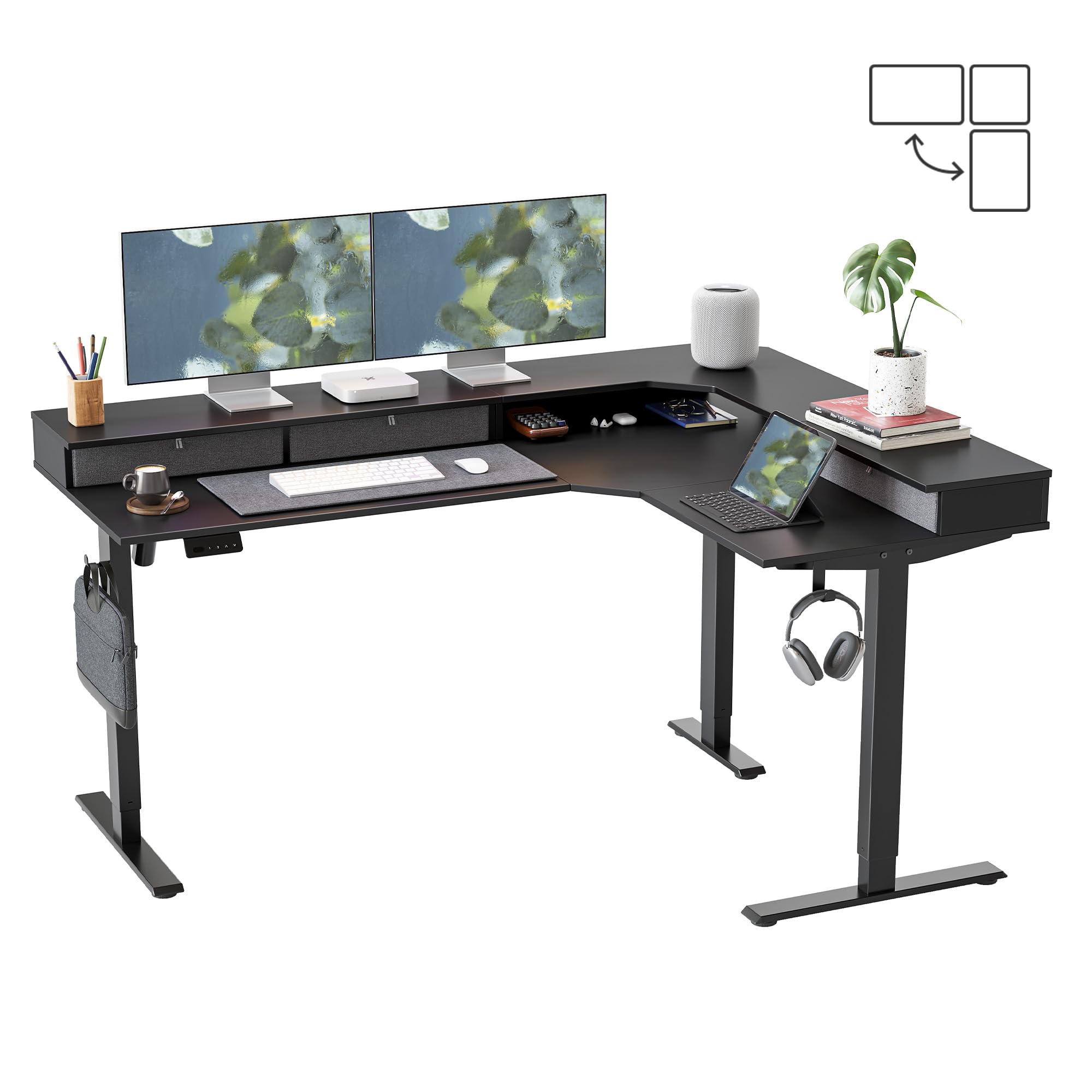 FEZIBO L Shaped Electric Standing Desk, 63 x48 inch Large with Drawers | Reversible Tabletop, 2 Memory Height Settings | Home Office & Gaming Height-Adjustable Table, Black Top/Black Frame