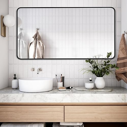 Miniatura 3 de Bonverre Espejo rectangular de baño de 20 x 40 pulgadas con marco de metal negro, espejo rectangular de esquina redondeada para pared, moderno y