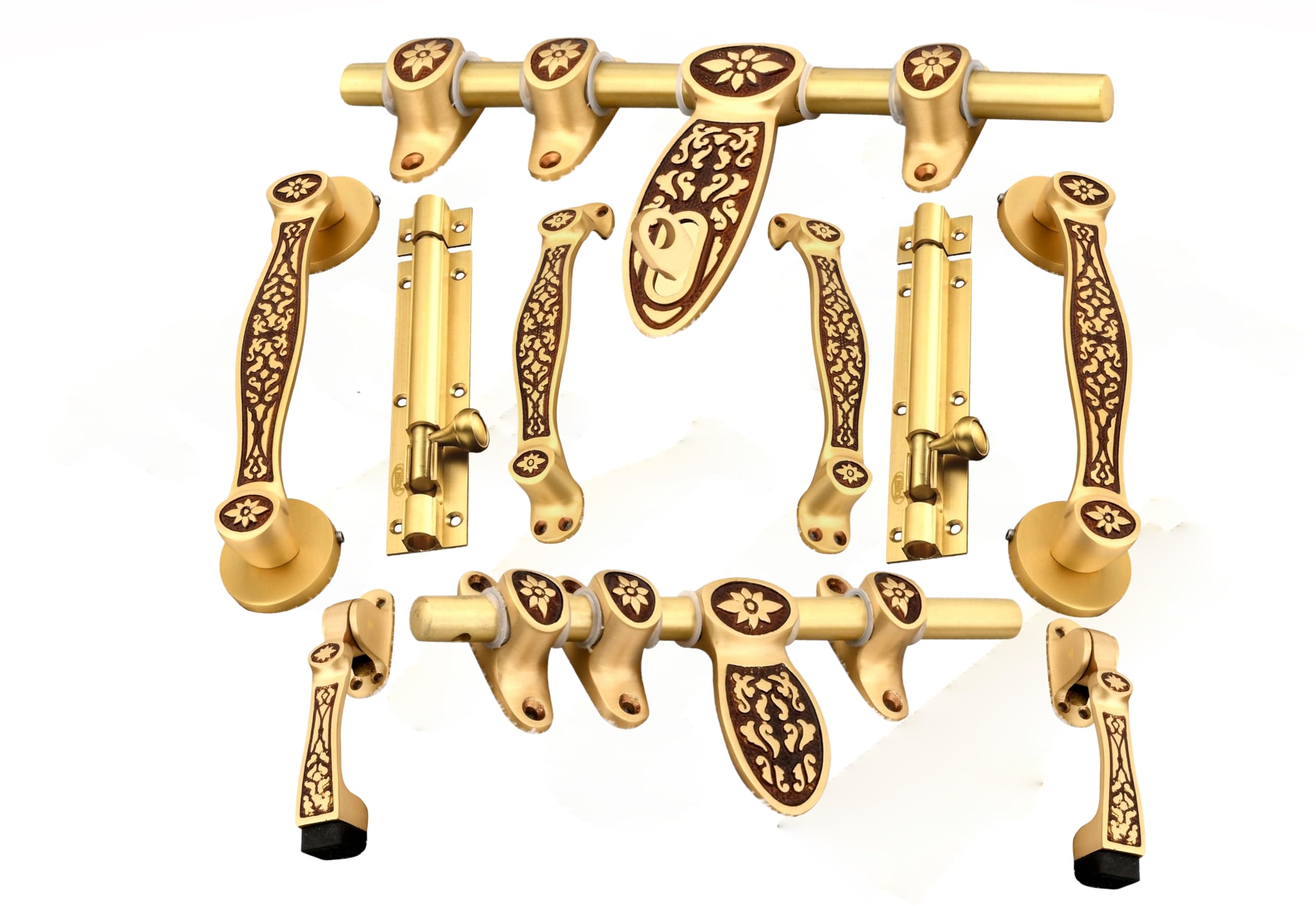 Chitra Legend Series Brass Heavy Double Door Fitting Accessories Full Set/Kit (1 Aldrop, 1 Latch, 4 Handles, 2 Tower Bolt and 2 Door Stopper) (12 Inch, Cofee Red)-image-15