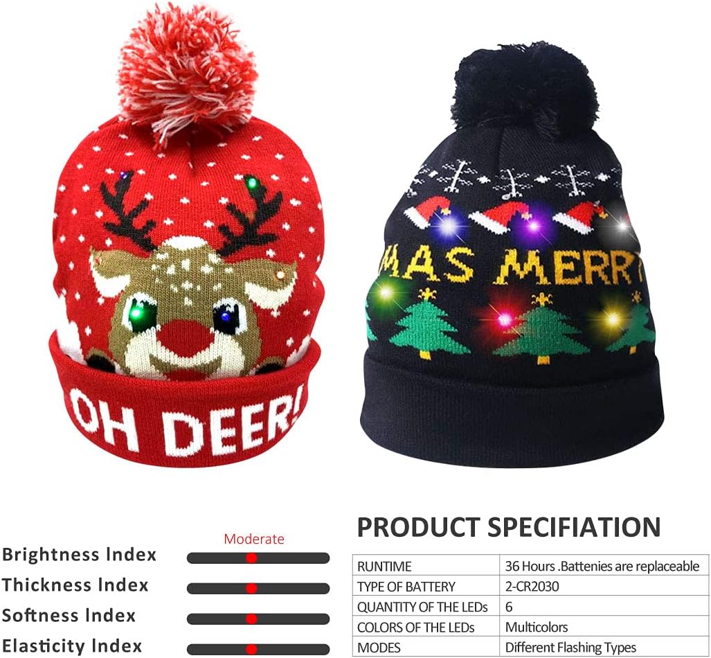 LED Christmas Hat Xmas Beanie Sweater Knitted Cap Unisex Light Up Beanie Hat Winter Knit Christmas Cap Hat for Kids Black,red - Image 5