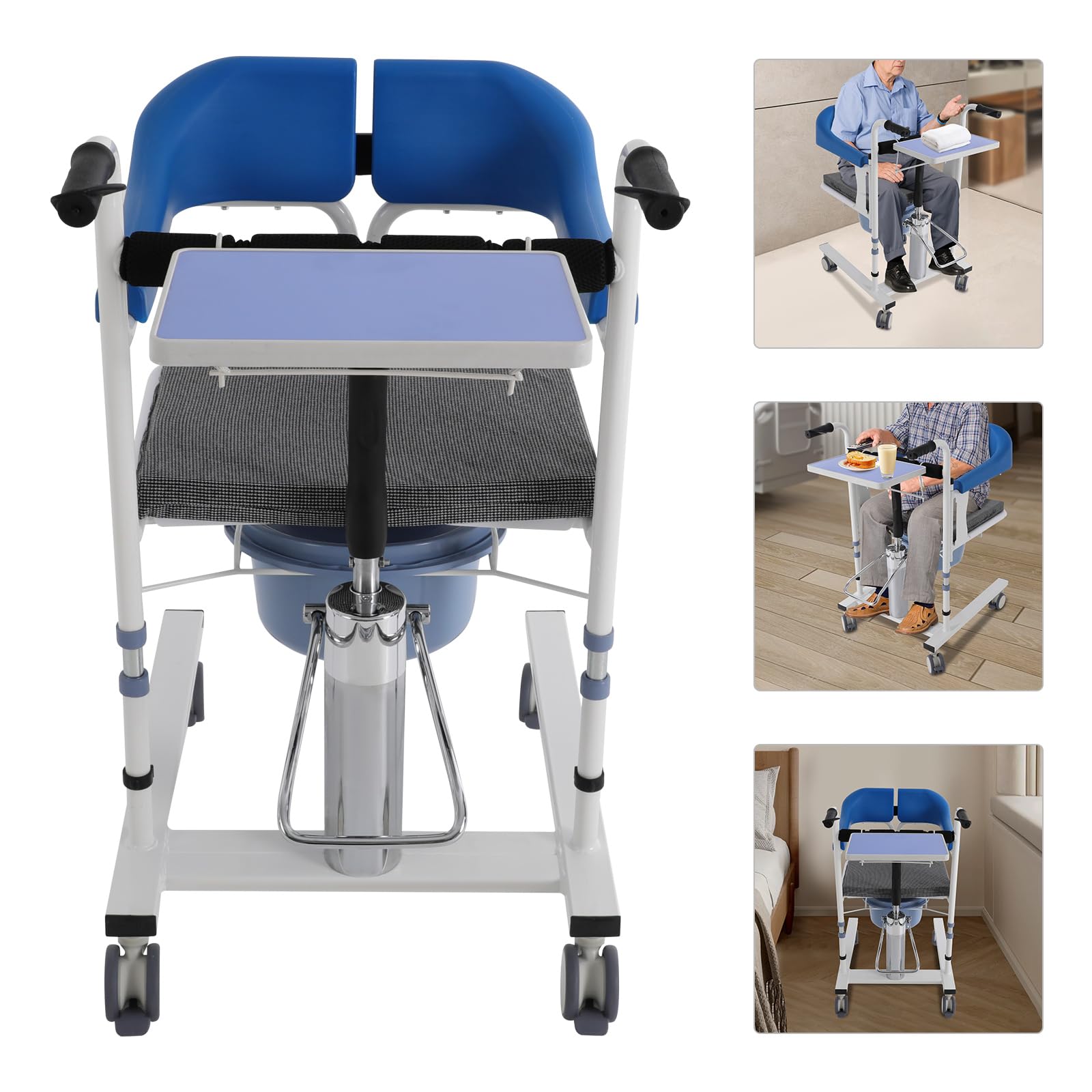 Sedia a rotelle idraulica per pazienti, regolabile in altezza, con ruote silenziose a 360° e seduta divisa a 180°, fino a 100 kg, per larghezza fino a 53 cm, blu