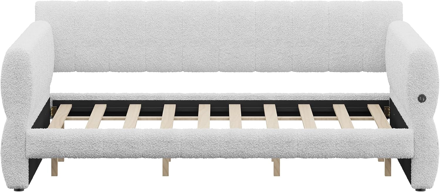 King Size Daybed with USB-Ports, Upholstered Lambswool Sofa Couch Day Bed, Space Saving for Living Room, No Box Spring Needed, Kids Girls Adults, White