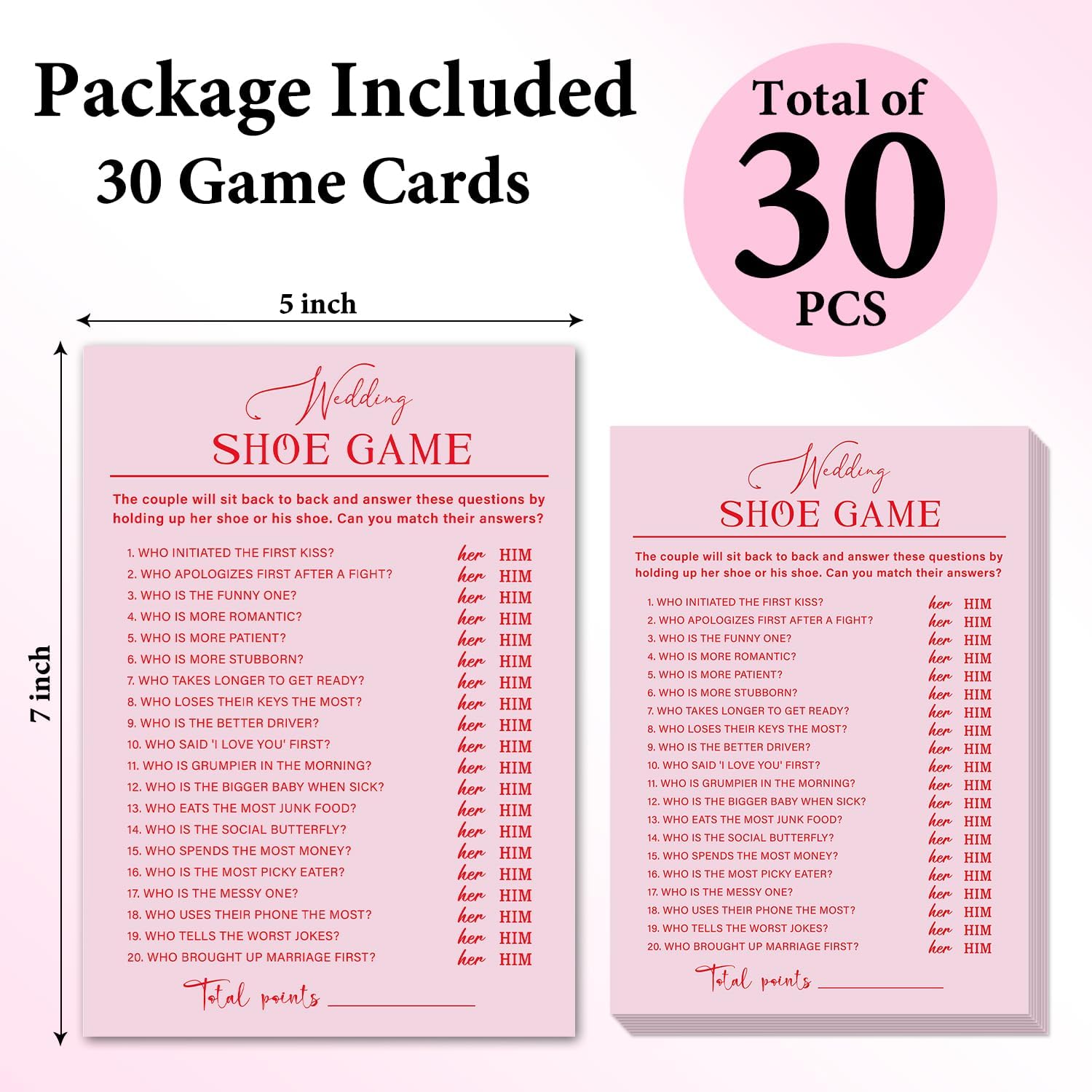pink bridal shower game set, wedding shoe game, wedding games cards for reception, bridal shower games 30 guests for engagement party - a003