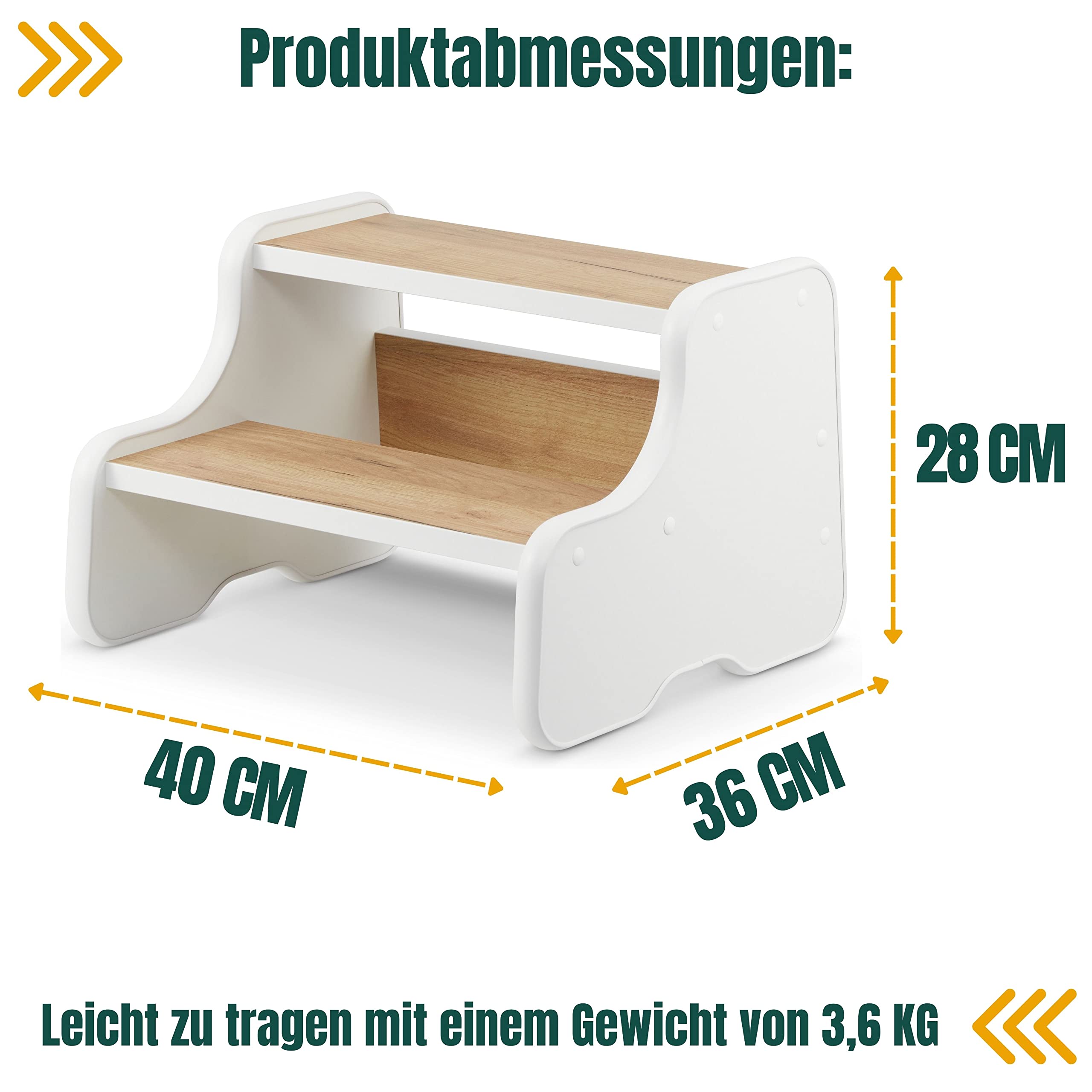 defiPad Tritthocker für Kinder mit 2 Stufen Weiß/Eiche, Kinderhocker und Toilettenhocker, Tritt-Schemel für Bad, Waschbecken, Toilette und Küche, Hergestellt in der EU