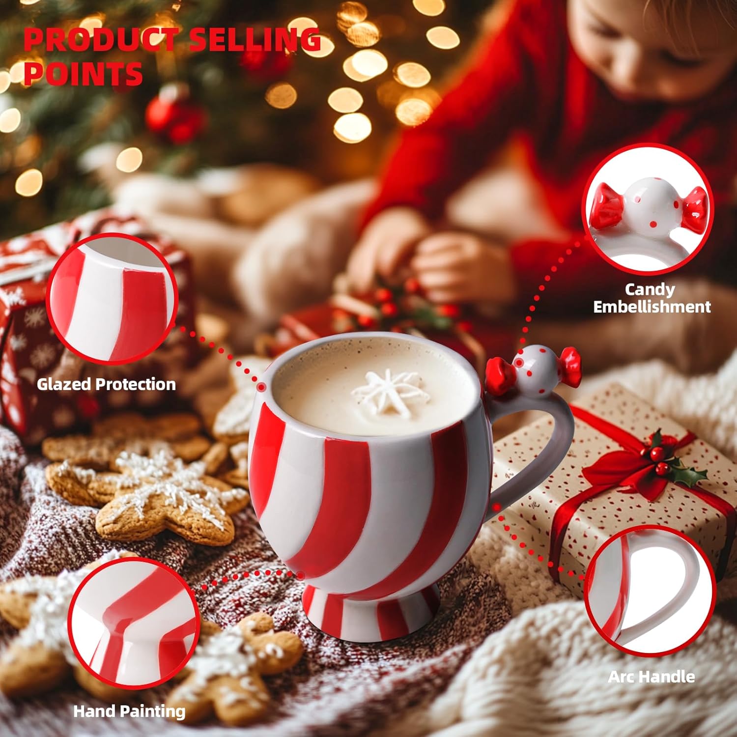 Christmas Mugs Ceramic Candy Shape Cute Coffee Mug Unique Holiday Mug with Handle Hot Cocoa Cup Perfect for Tea & Coffee Lovers, Gifts for Family Friend or Children Dishwasher Safe(12 OZ) - Image 2