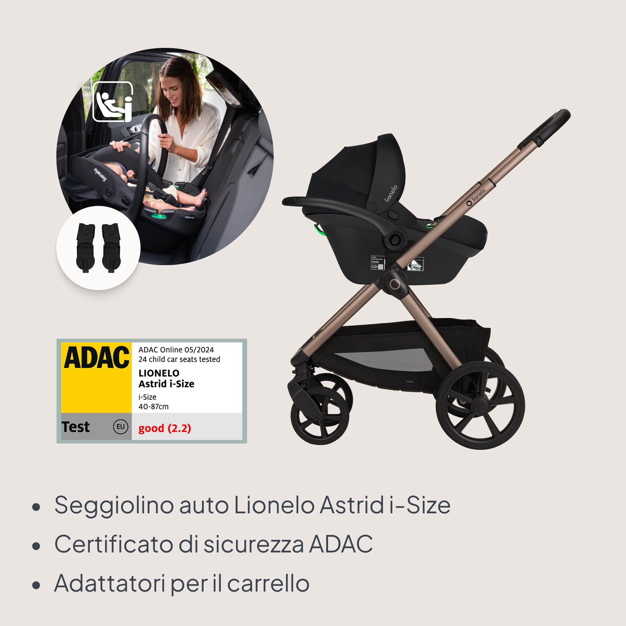 LIONELO Carmine Passeggino Trio 3 in 1 per Bambini 0-4 Anni fino a 22 kg | Sistema Modulare Pieghevole, Navicella Portatile e Seggiolino Auto Ovetto, Ruote GravelTech, Ammortizzazione, Cappottina XXL