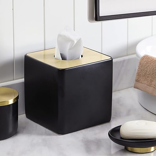 Miniatura 5 de Motifeur Accesorios de baño - Soporte de pañuelos de cerámica, caja cuadrada decorativa para pañuelos (negro y dorado)