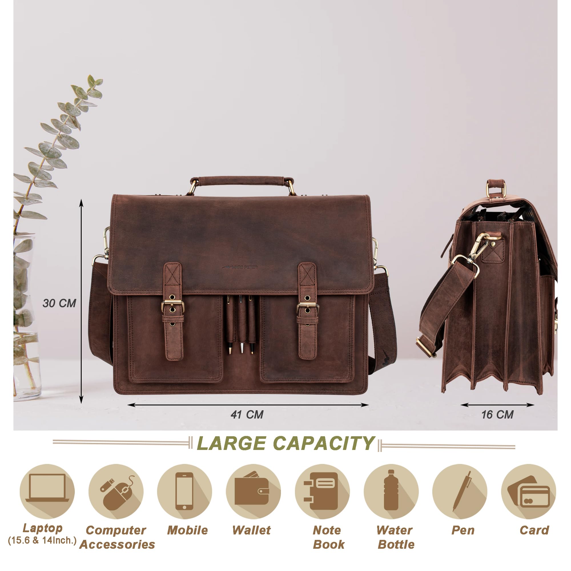 Marc Peter Amsterdam Aktentasche Leder XL Vintage Lehrertasche mit Laptopfach 15,6 Zoll große Ledertasche zum Umhängen Trolley aufsteckbar